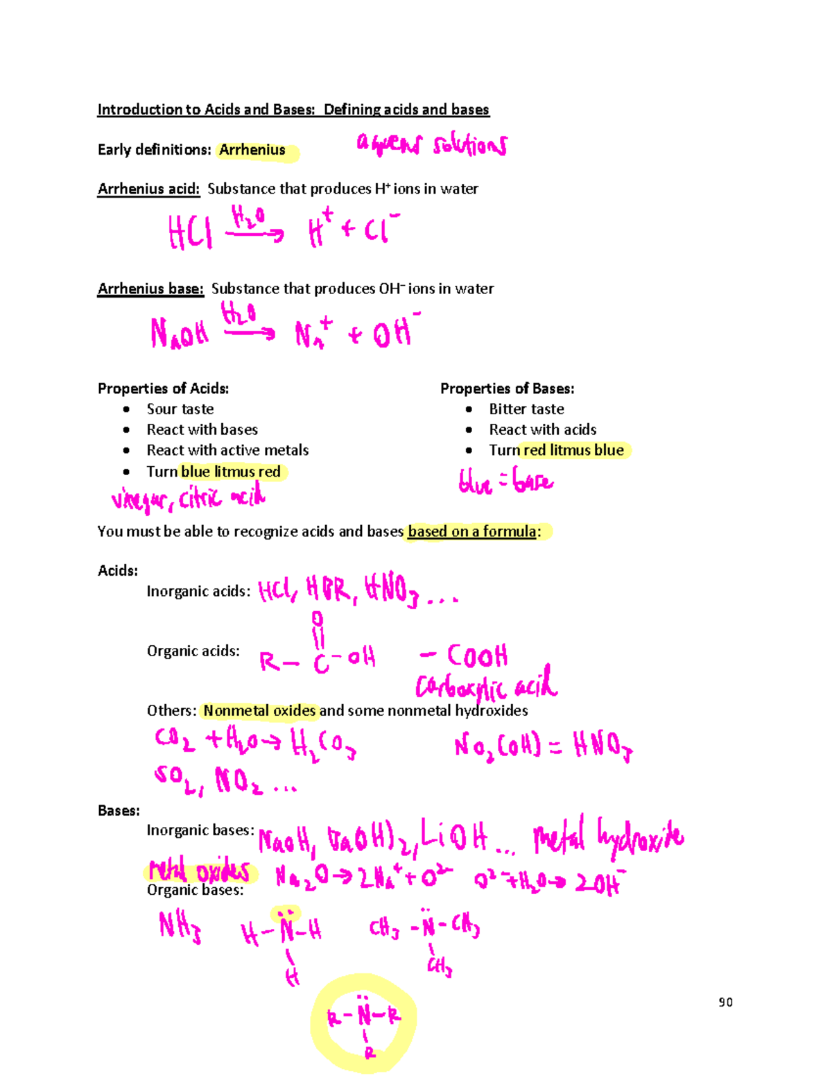 Acid base - Dr. Angie Spencer notes - 90 Introduction to Acids and ...