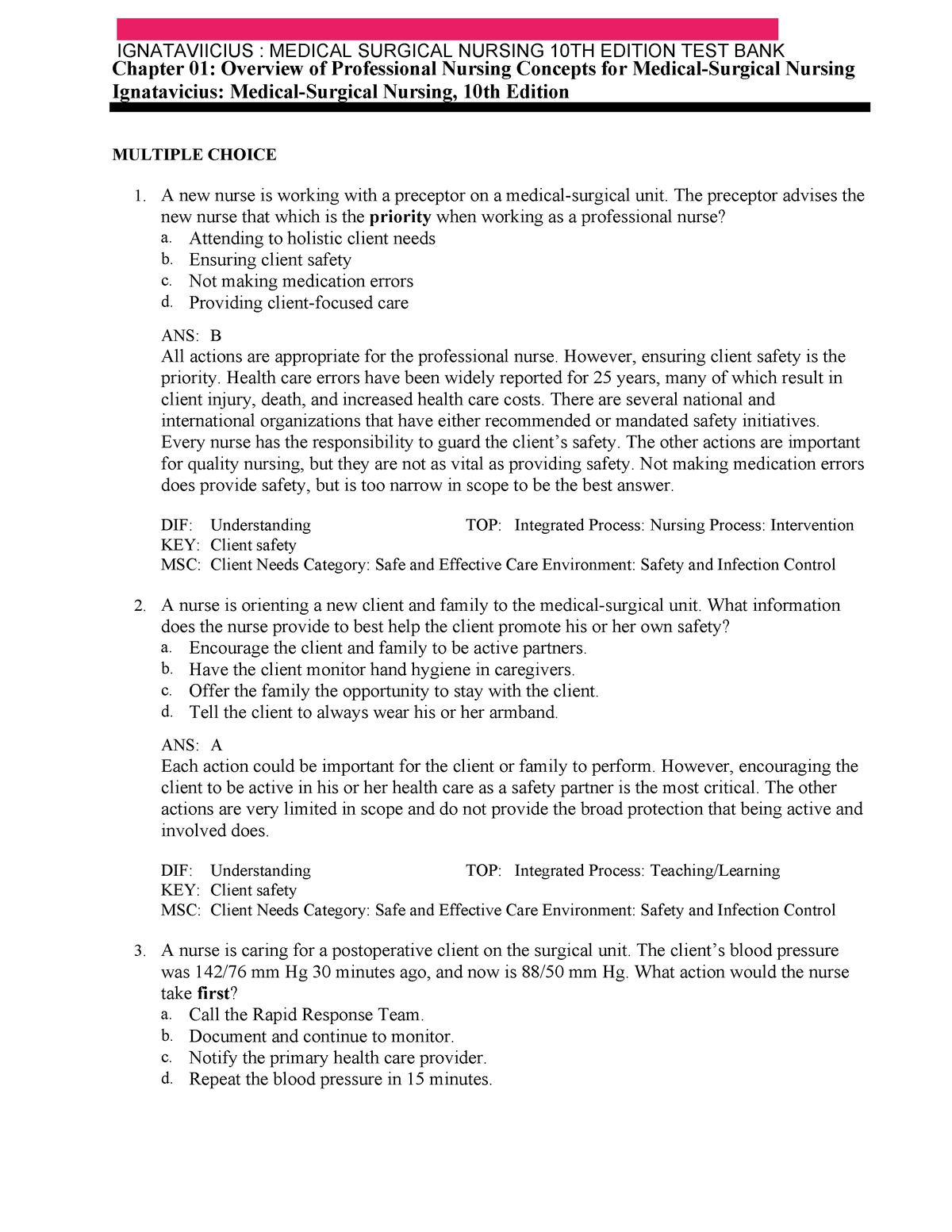 1220 Med Surg Test Bank Iggy - Chapter 01: Overview Of Professional ...