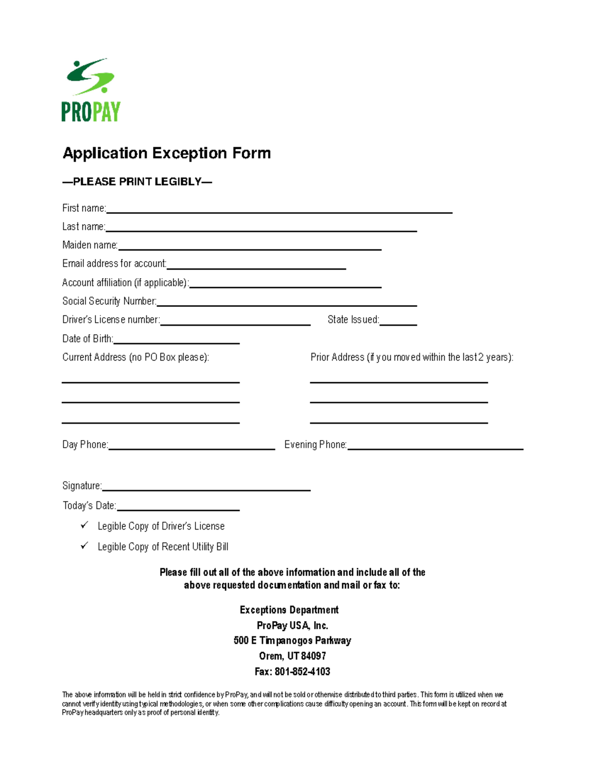 Pro Pay-Exception-Form - Application Exception Form —PLEASE PRINT ...