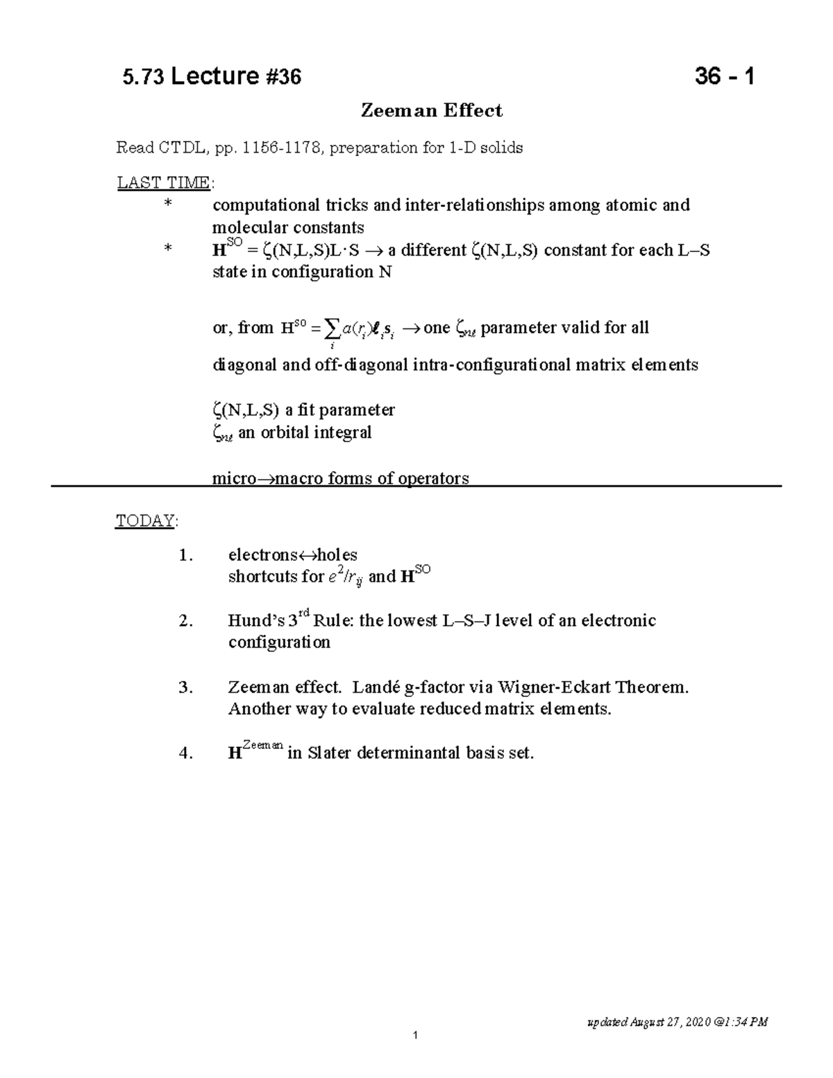 MIT5 73F18 Lec36 Lecture notes 15 Zeeman Effect Read CTDL, pp
