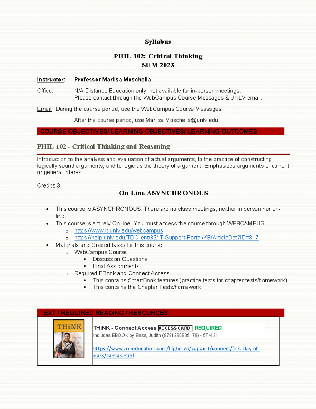 PHIL 102 Syllabus Summer 2023 - Syllabus PHIL 102: Critical Thinking ...