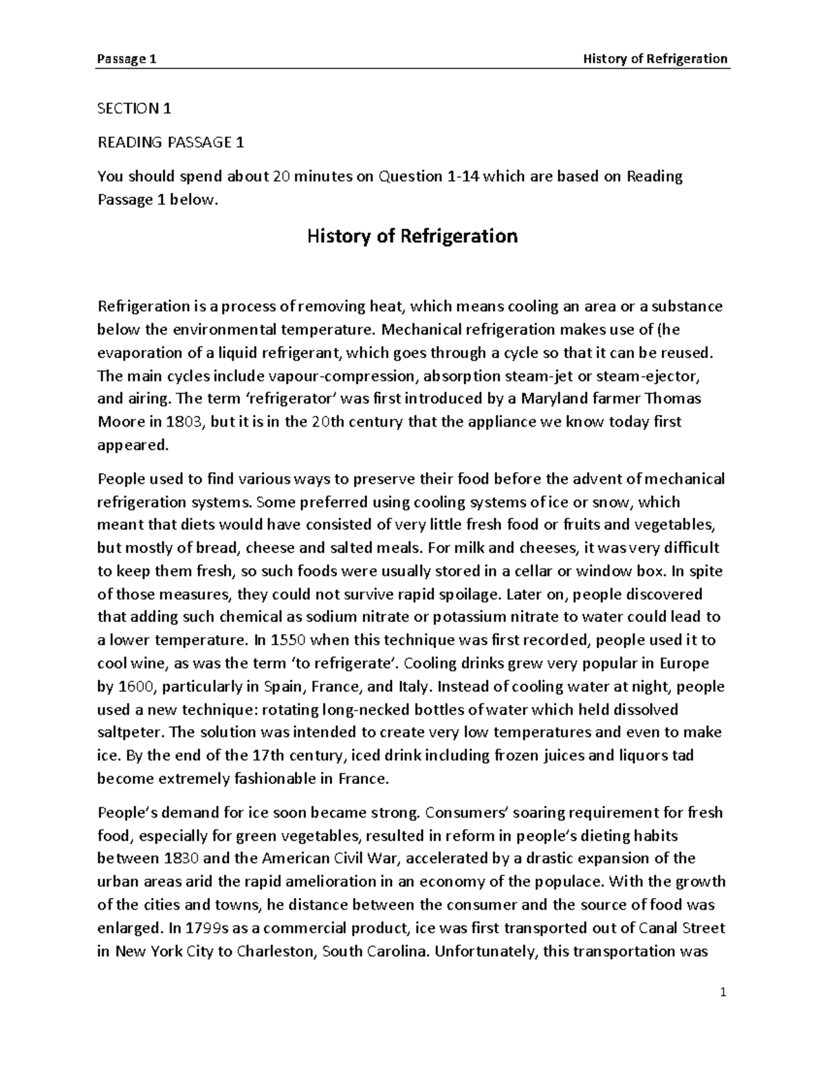 100 Passage 1 History of Refrigeration Q114 SECTION 1 READING
