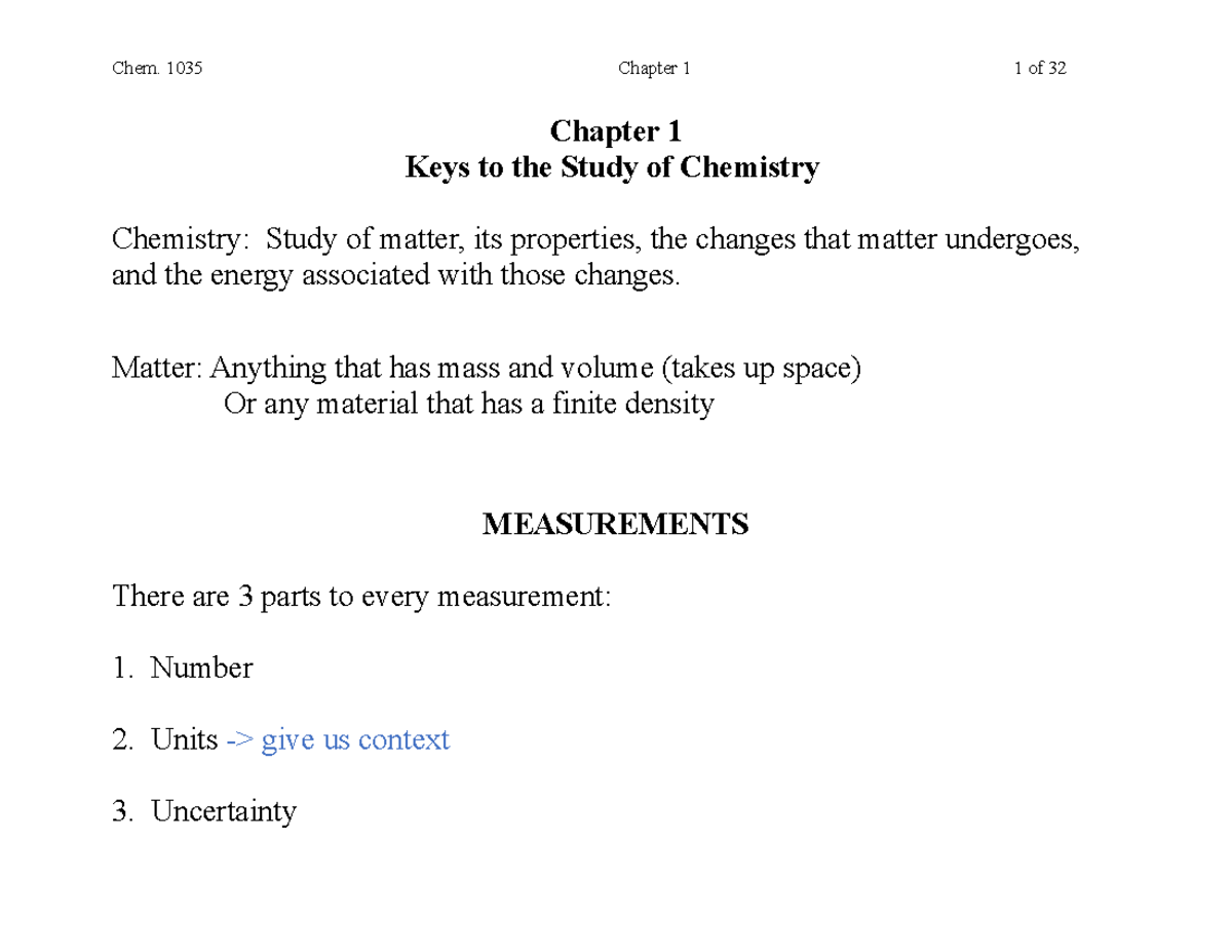 Chem- Chap1Notes - Chapter 1 Keys To The Study Of Chemistry Chemistry ...