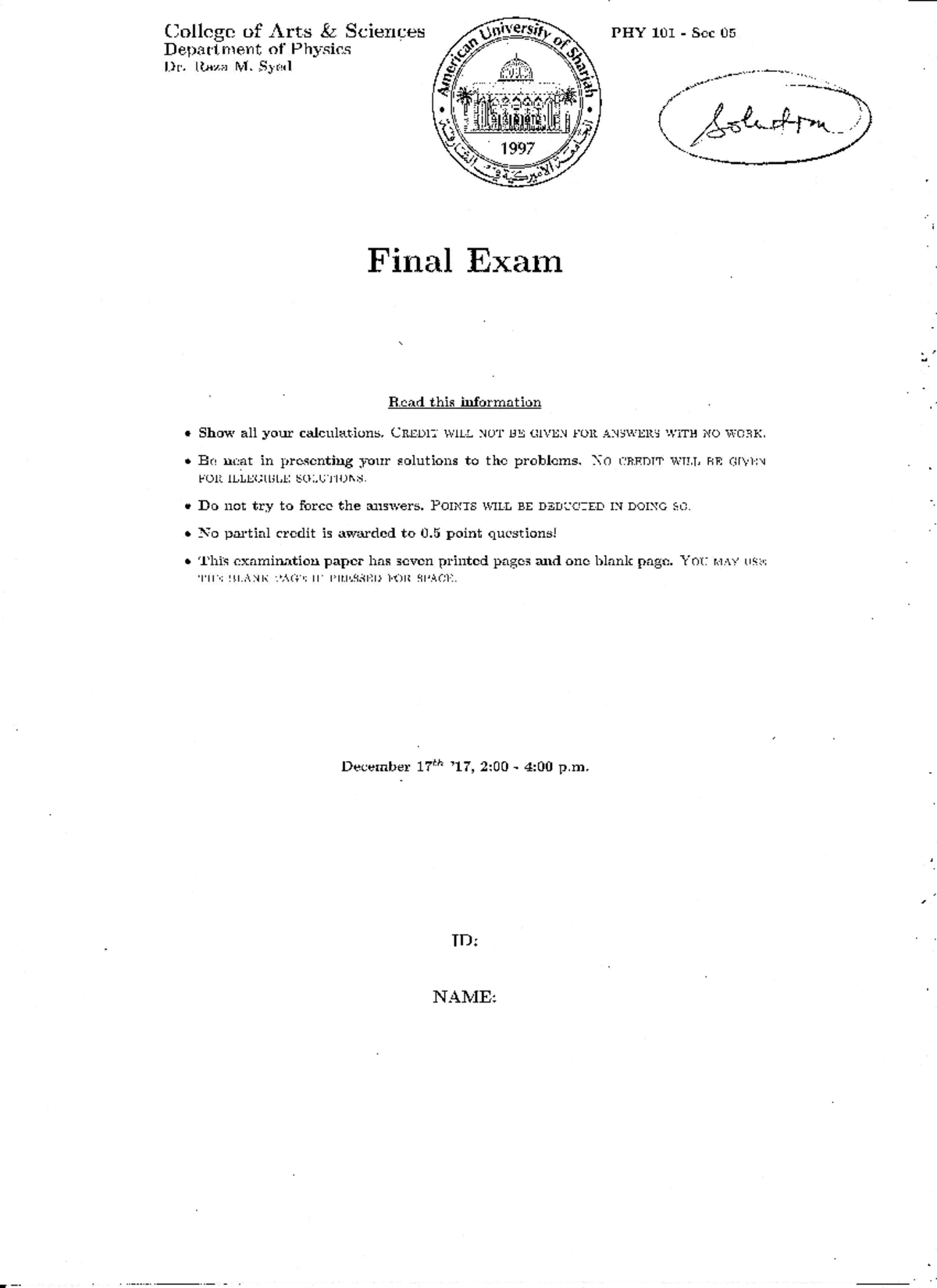 Final Exam December 2017, questions and answers - Physics 1 - Studocu