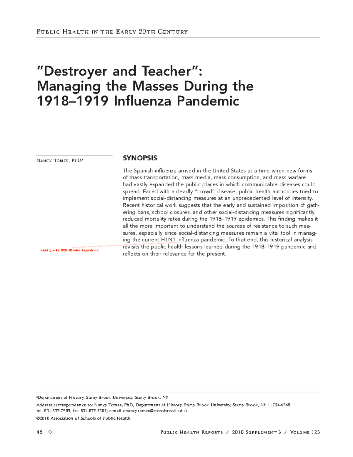 Reading 5 Pandemic Responses 1918 - Public Health in the Early 20th ...
