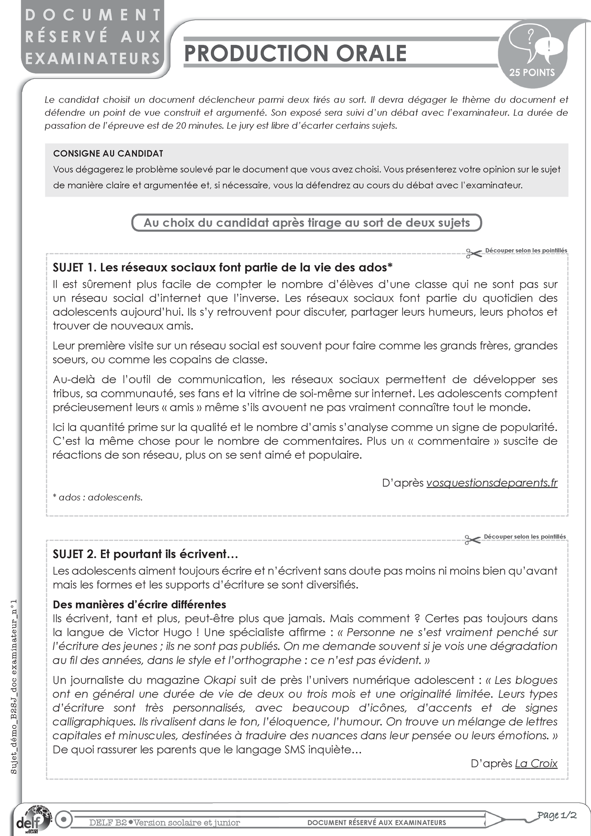 Exemple 2 Sujet Delf B2 Junior Document Examinateur Production Orale ...