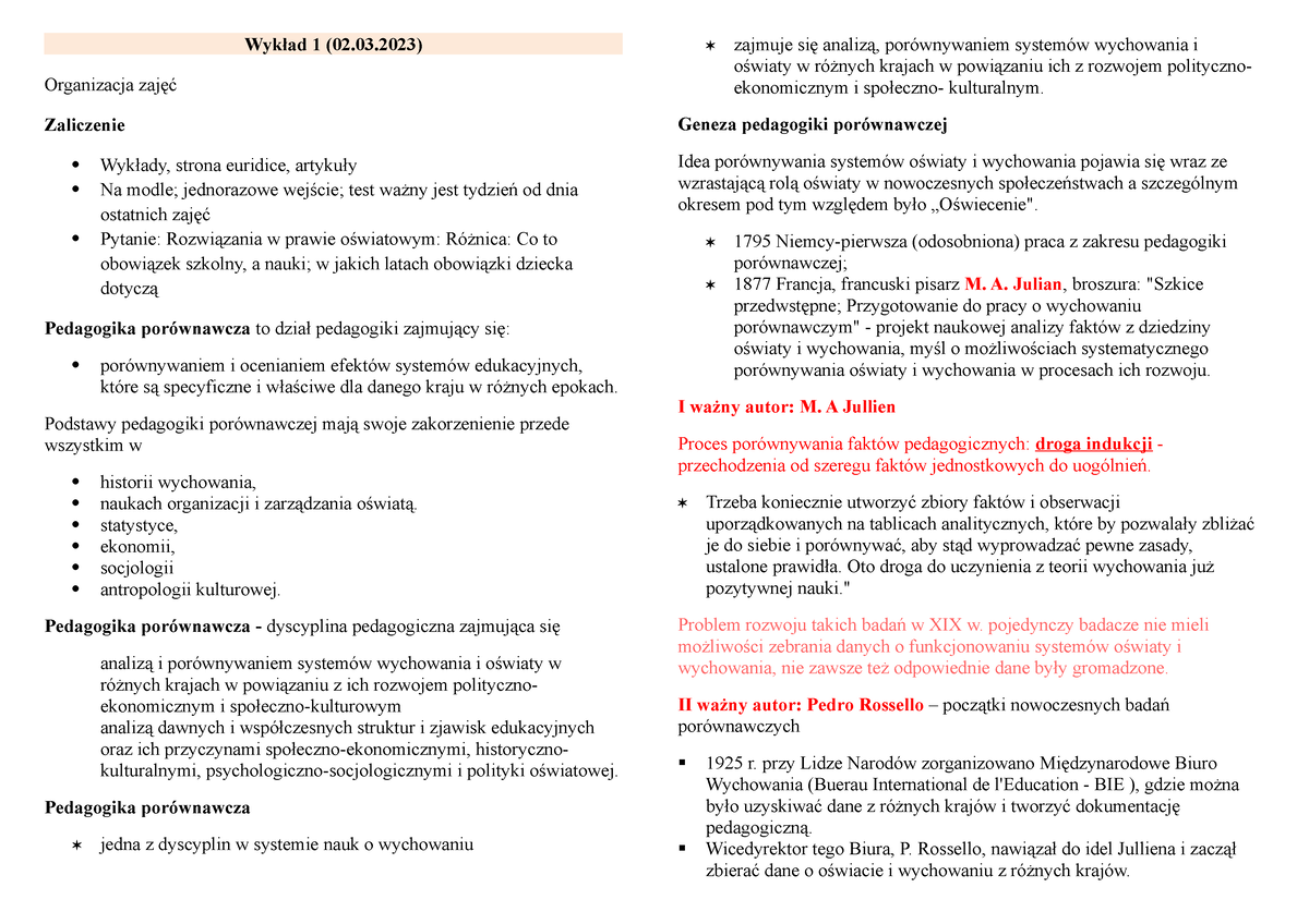 Pedagogika Porównawcza (WYK) - Wykład 1 (02.03) Organizacja Zajęć ...