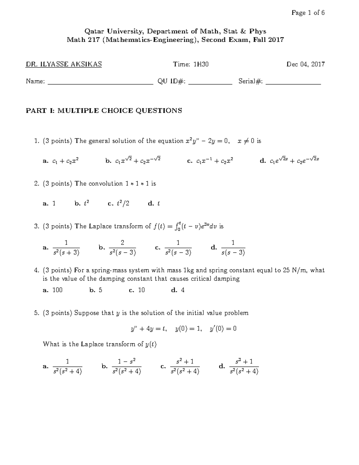 M217Fall2017 T2V1 - Math for engineering [ 217 ] first, second ,and ...