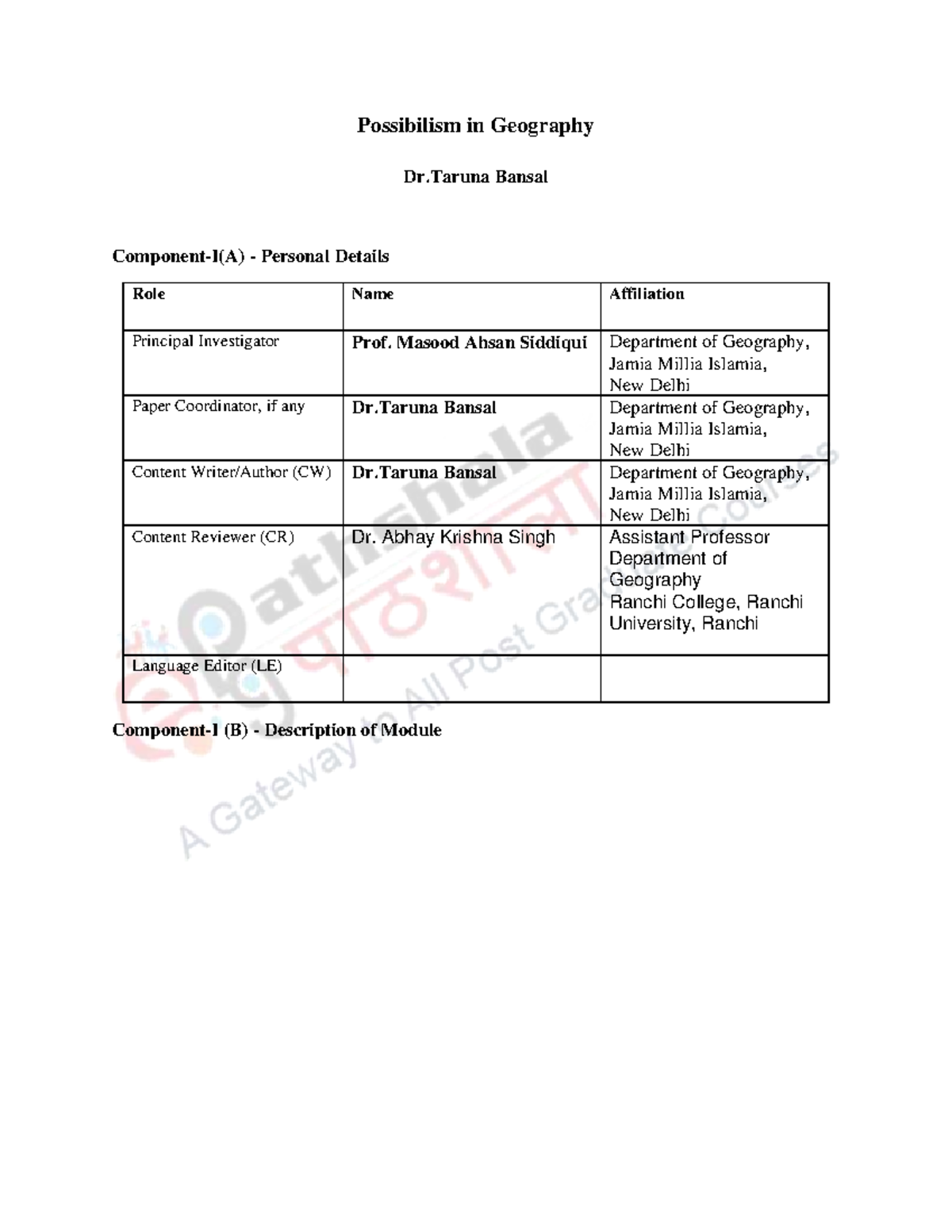 1512624718 Possibilism Possibilism in Geography Dr Bansal ComponentI(A) Personal Details