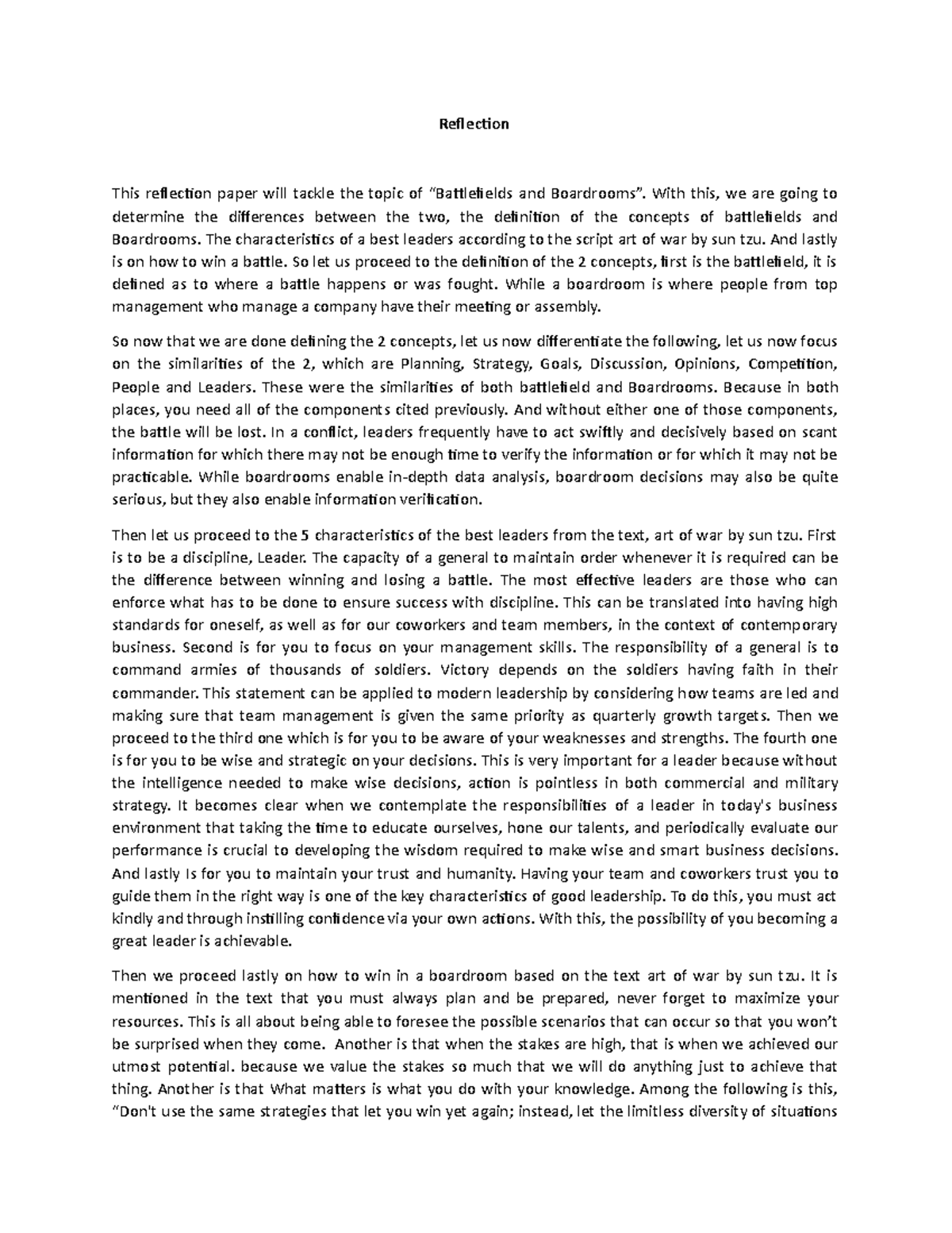 Battlefields and Boardrooms - Reflection This reflection paper will ...