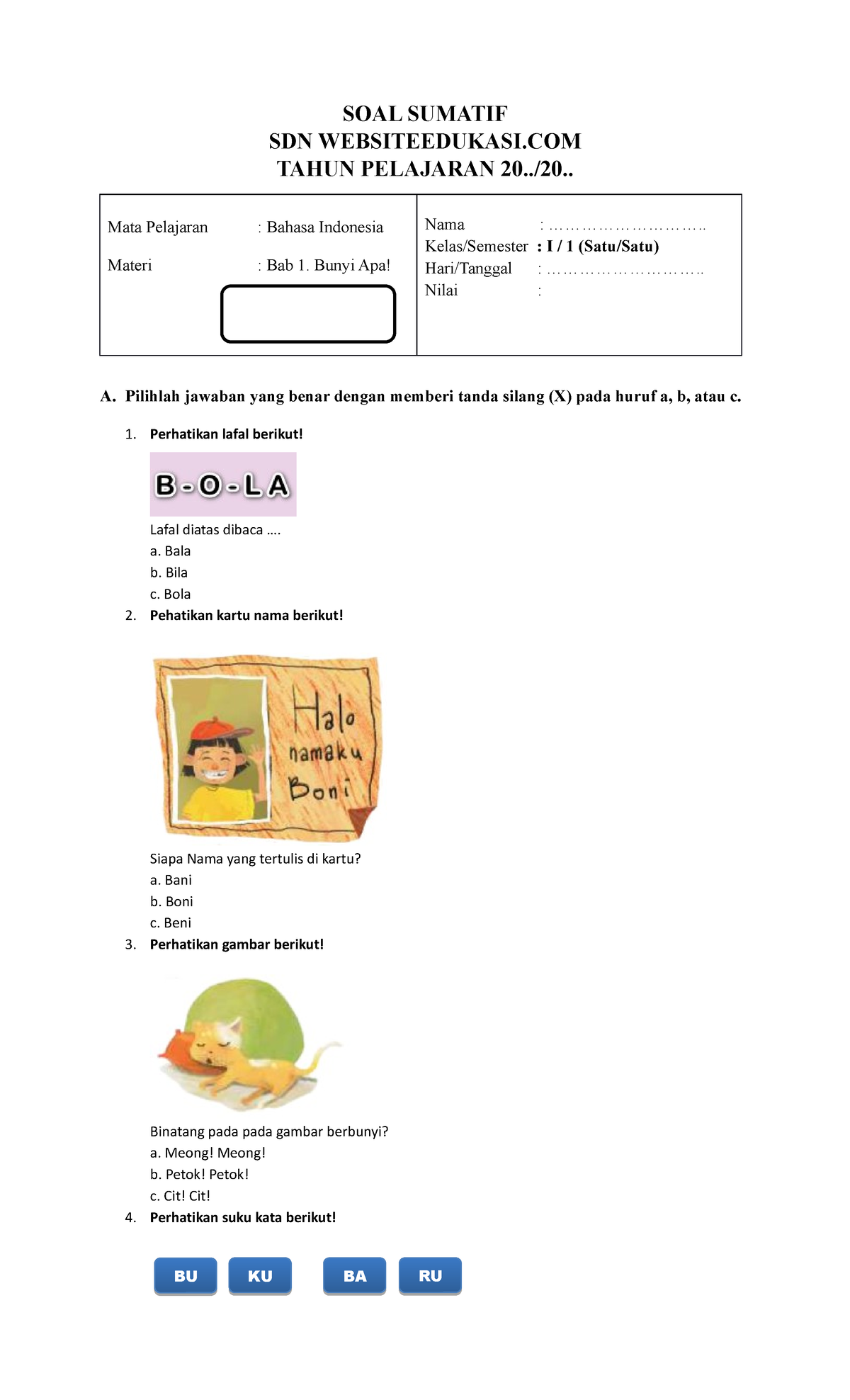 Soal Sumatif B.Indo Kelas 1 Bab 1 Bunyi Apa (Websiteedukasi.com) - SOAL ...