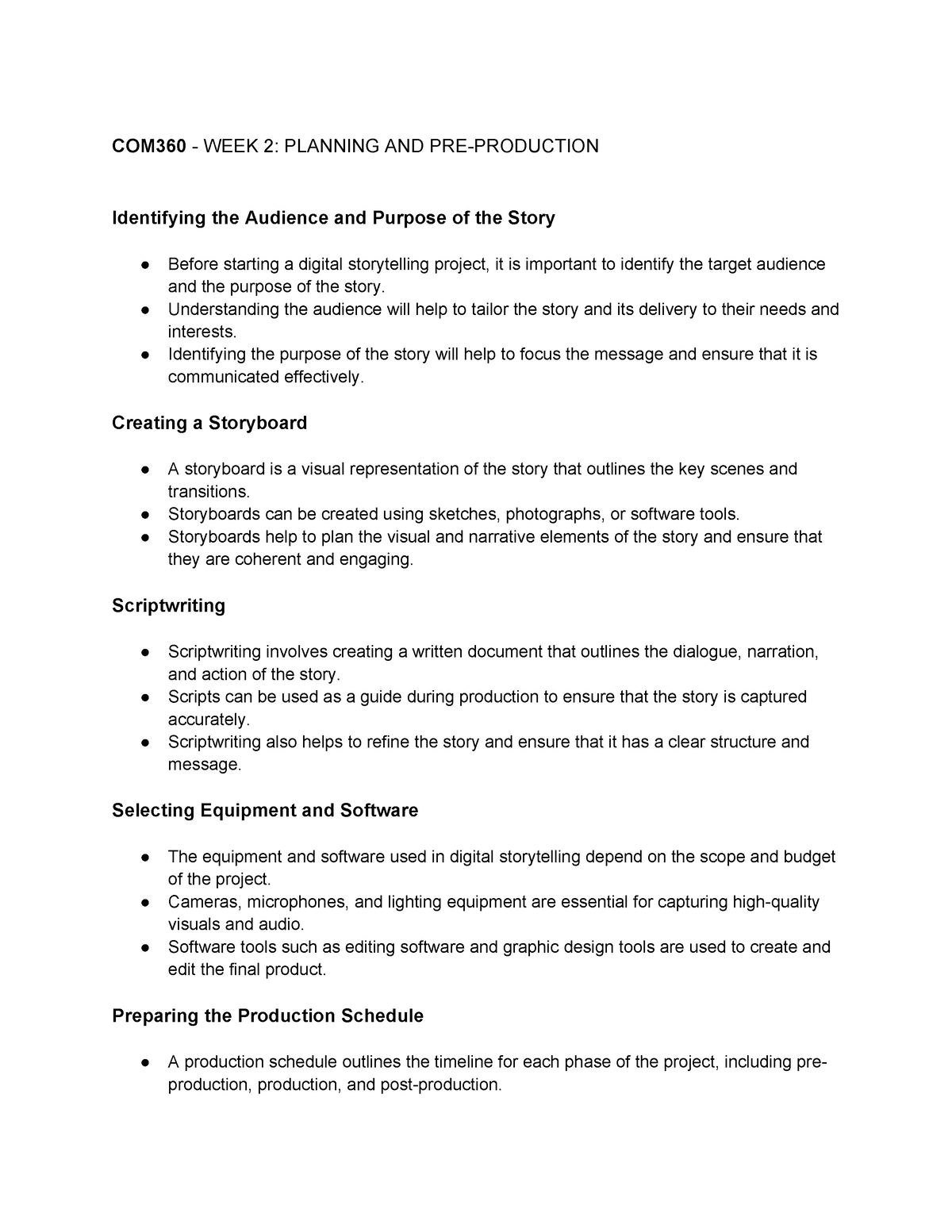 COM360 WEEK 2 PLANNING AND PRE PRODUCTION COM360 WEEK 2