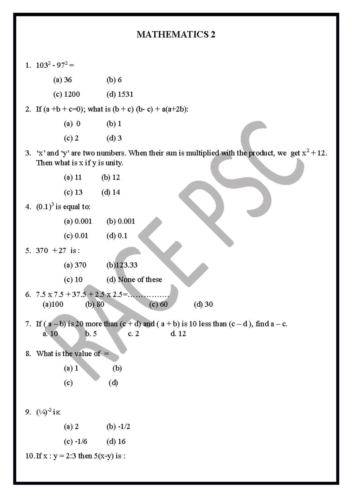Mathematics 2 - Objective questions for competitive exams ( SSC CGL,PSC ...