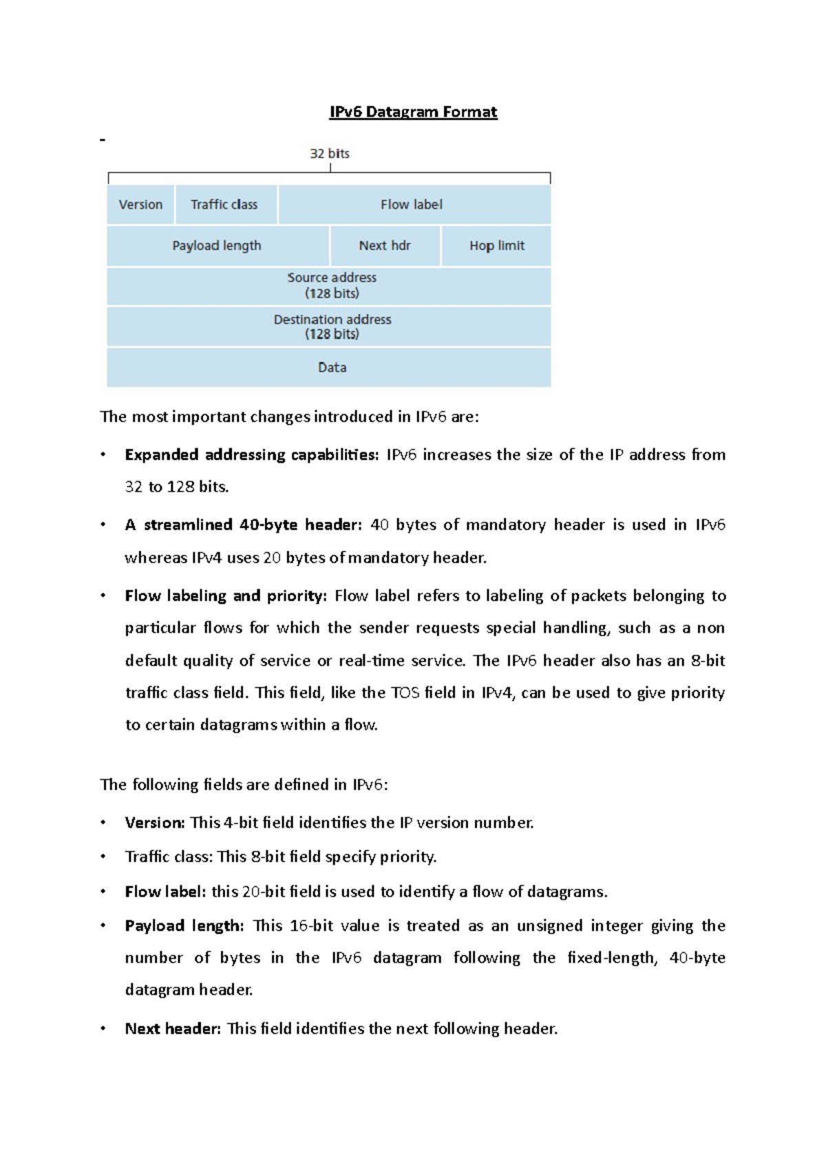 IPv6 Datagram Format - A streamlined 40-byte header: 40 bytes of ...