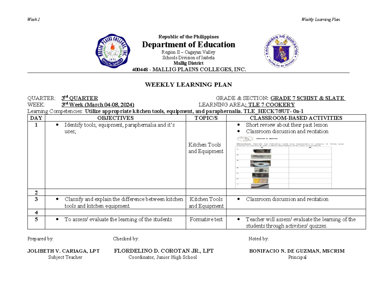 WEEK 3 - Weekly Learning Plan - Republic of the Philippines Department ...