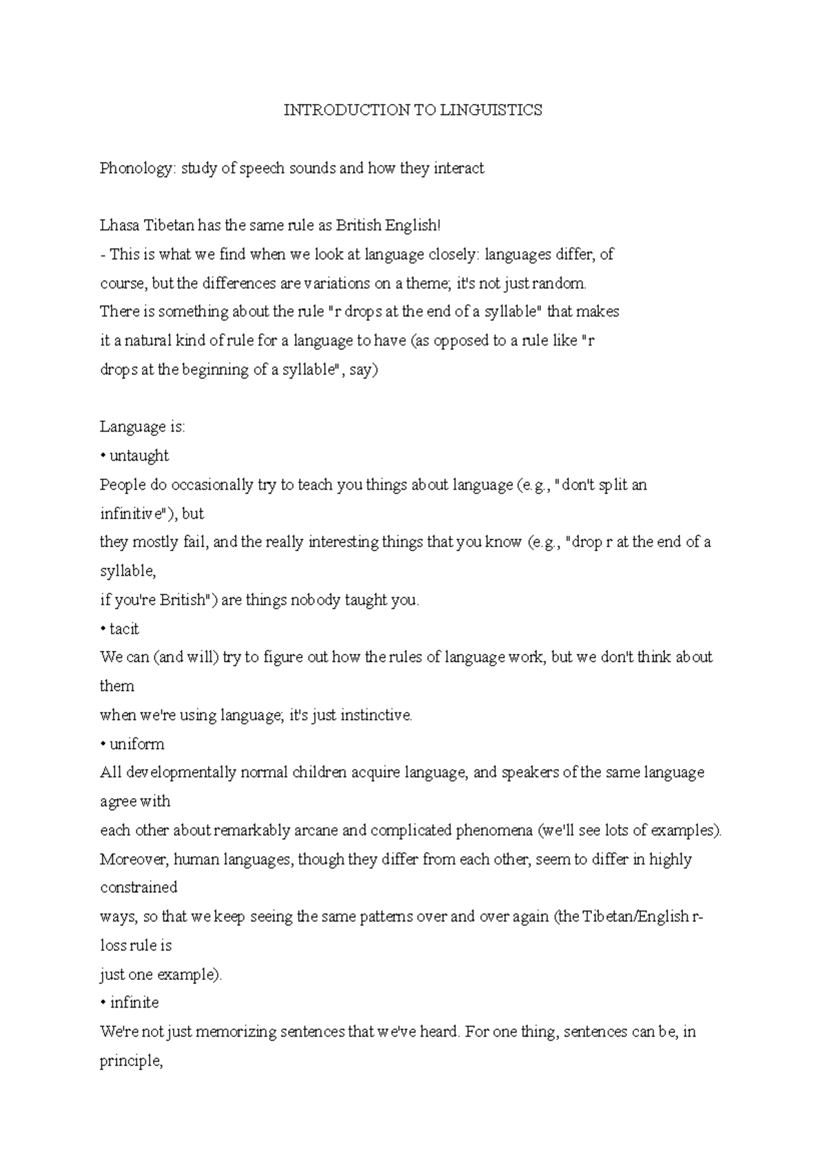 ITL, Introduction - Lecture notes 1 - Introduction to Linguistics ...