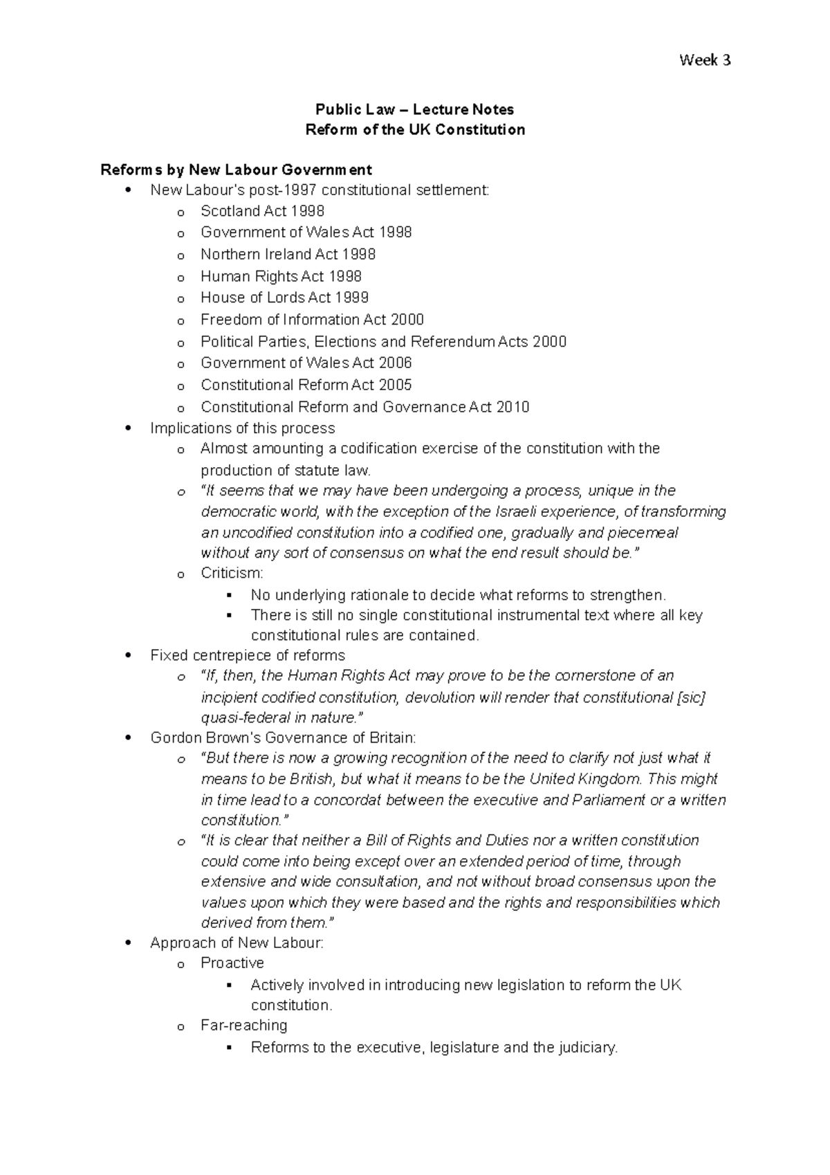 Week 3 Reform of the UK Constitution Public Law Lecture Notes