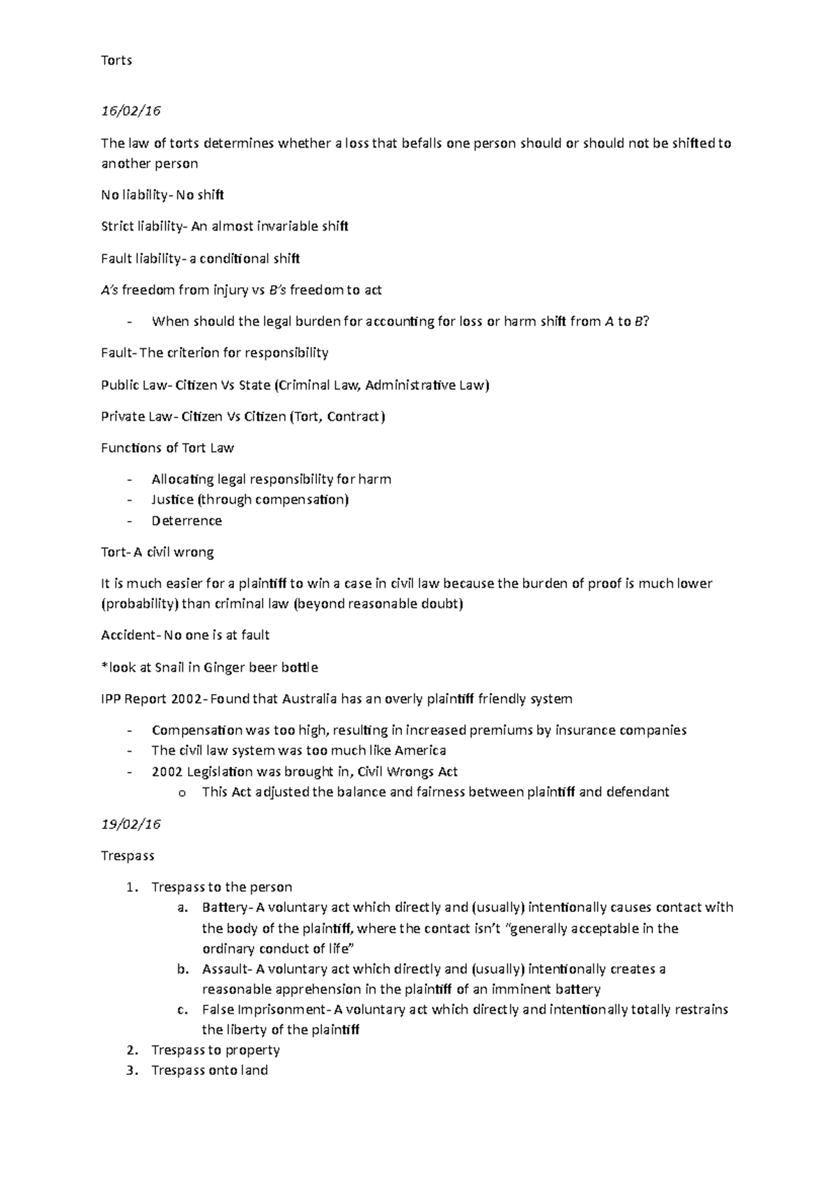 Torts - Lecture notes 1-12 - 16/02/ The law of torts determines whether ...