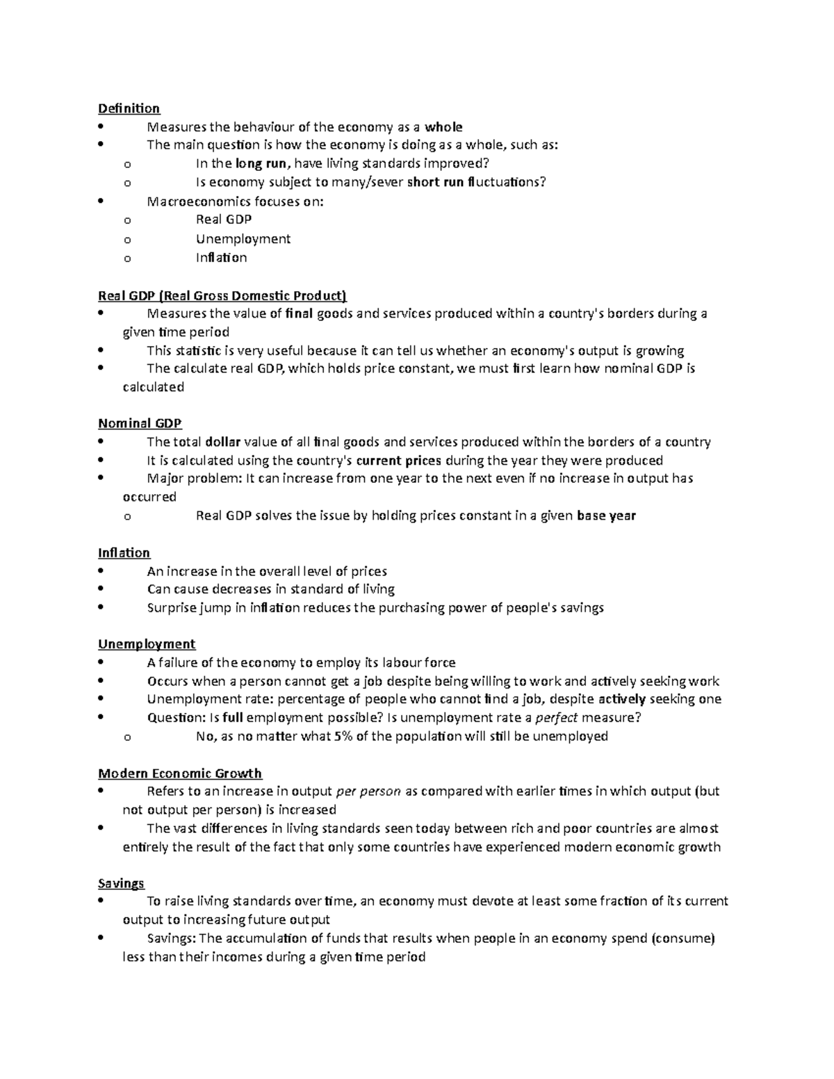 ECN 204 notes - Definition Measures the behaviour of the economy as a ...