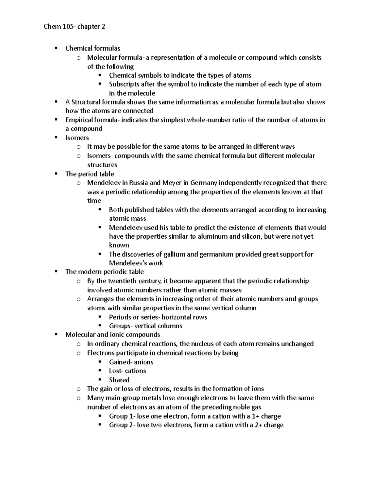 Chem 105 chapter 2 - Chem lecture for unit2 - Chem 105- chapter 2 ...