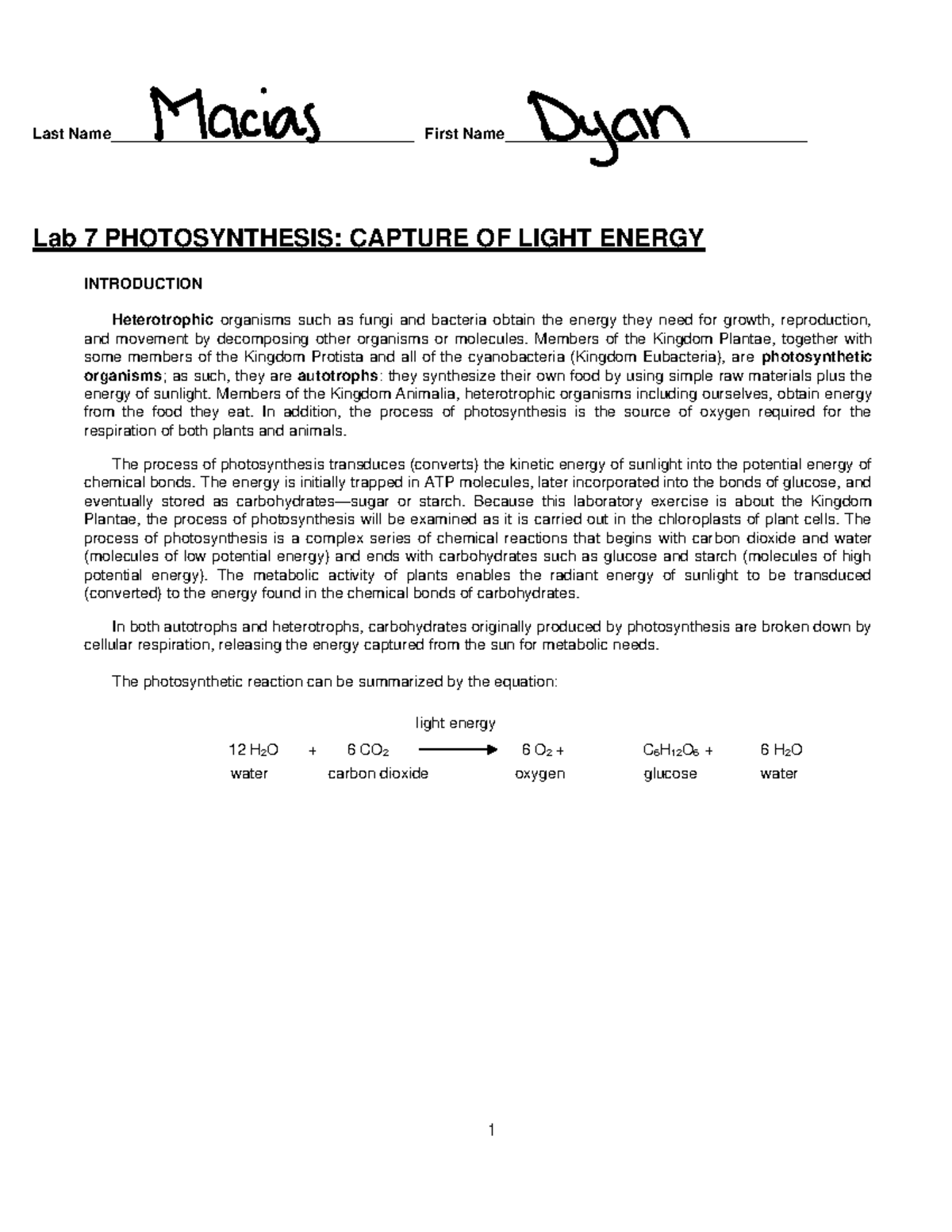Lab 7 photosynthesis Last Name