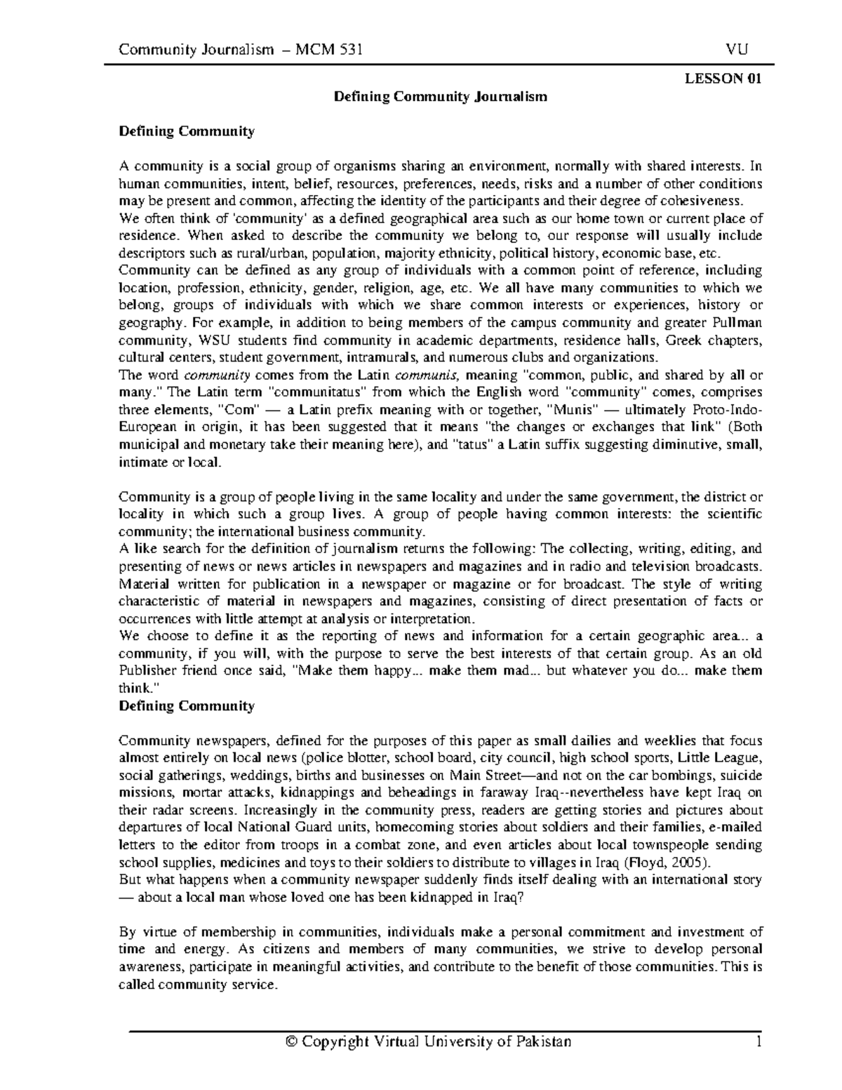 MCM531 handouts 1 15 - LESSON 01 Defining Community Journalism Defining ...