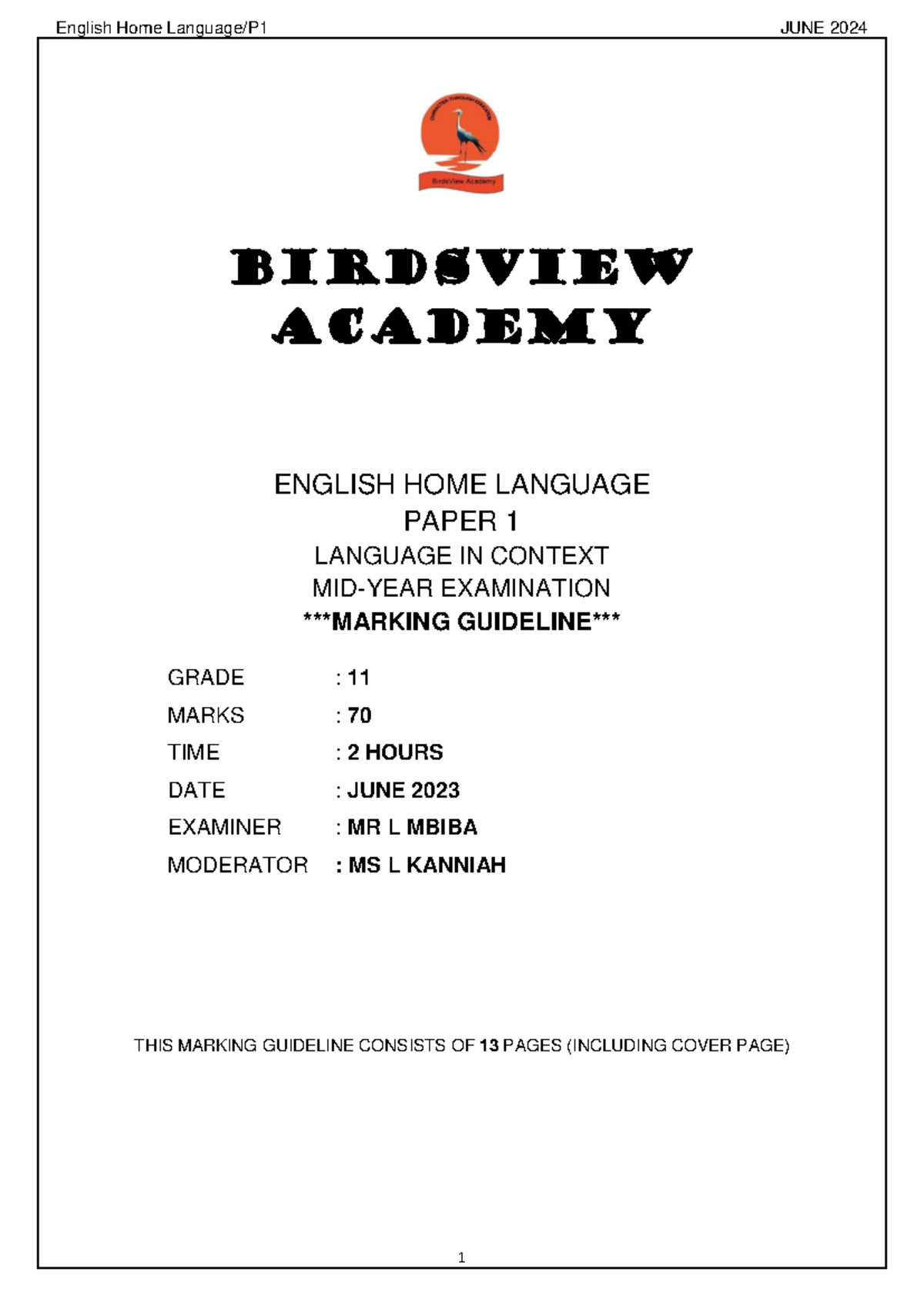 GR11 ENG HL Paper 1 JUNE 2024 Marking Guideline - BIRDSVIEW ACADEMY ...