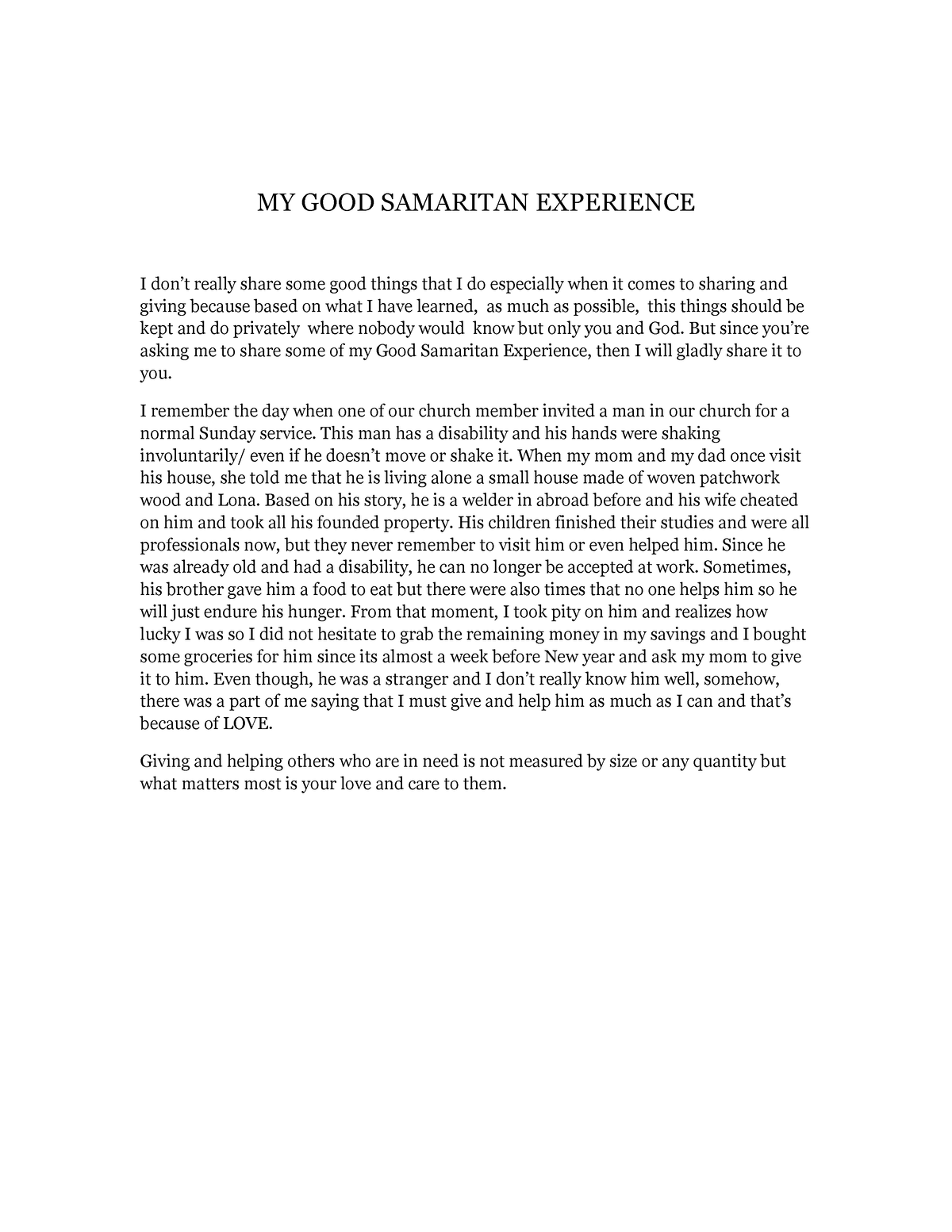 my good samaritan experience essay brainly