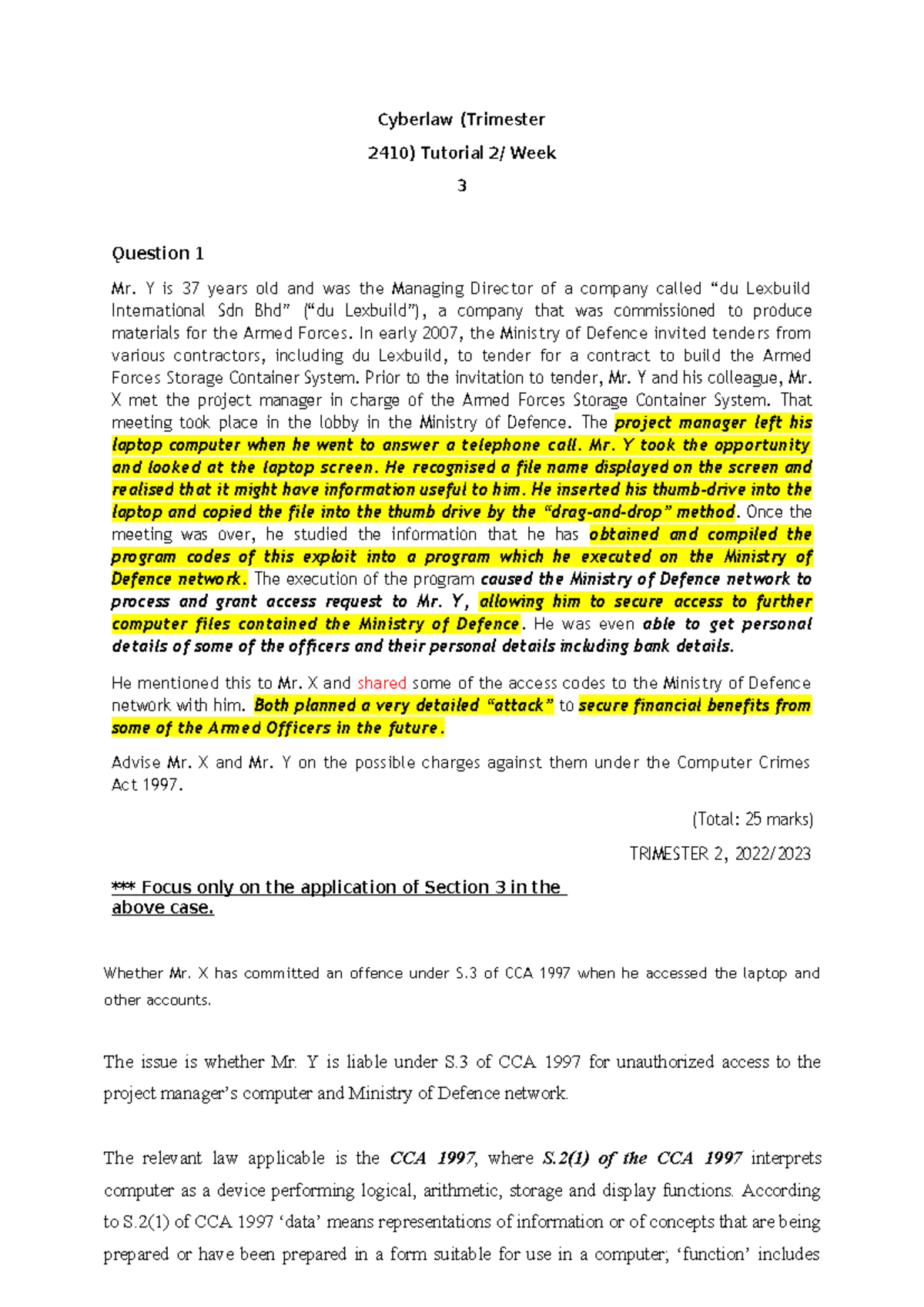 Tutorial WEEK3 - Cyberlaw - Cyberlaw (Trimester 2410) Tutorial 2/ Week ...