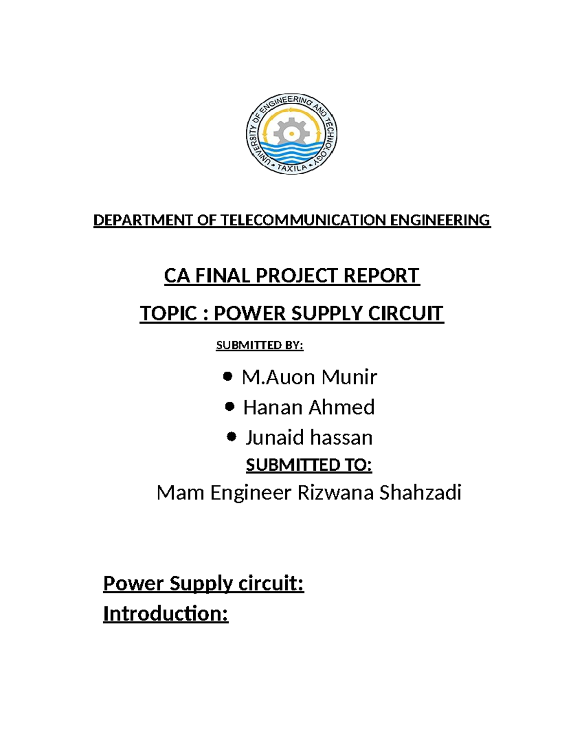 Circuit Analysis Final Project - DEPARTMENT OF TELECOMMUNICATION ...