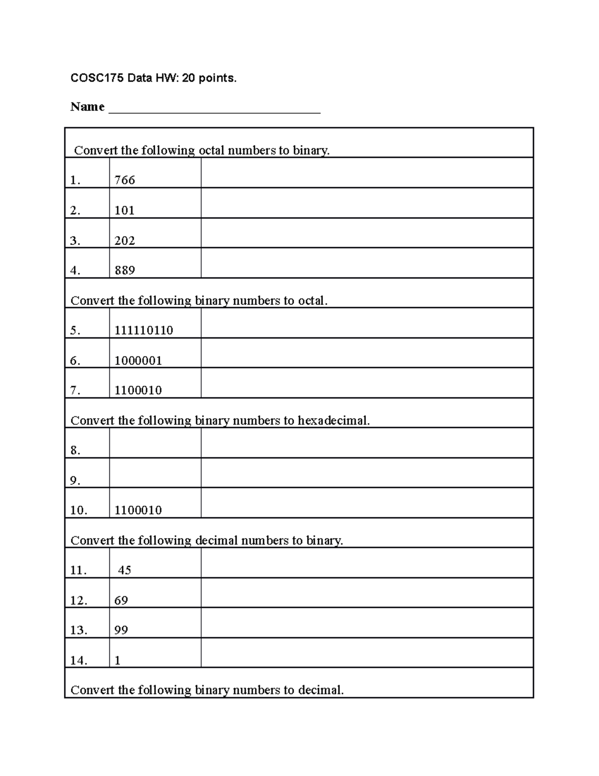Data Homework - C++ coding - COSC175 Data HW: 20 points. Name