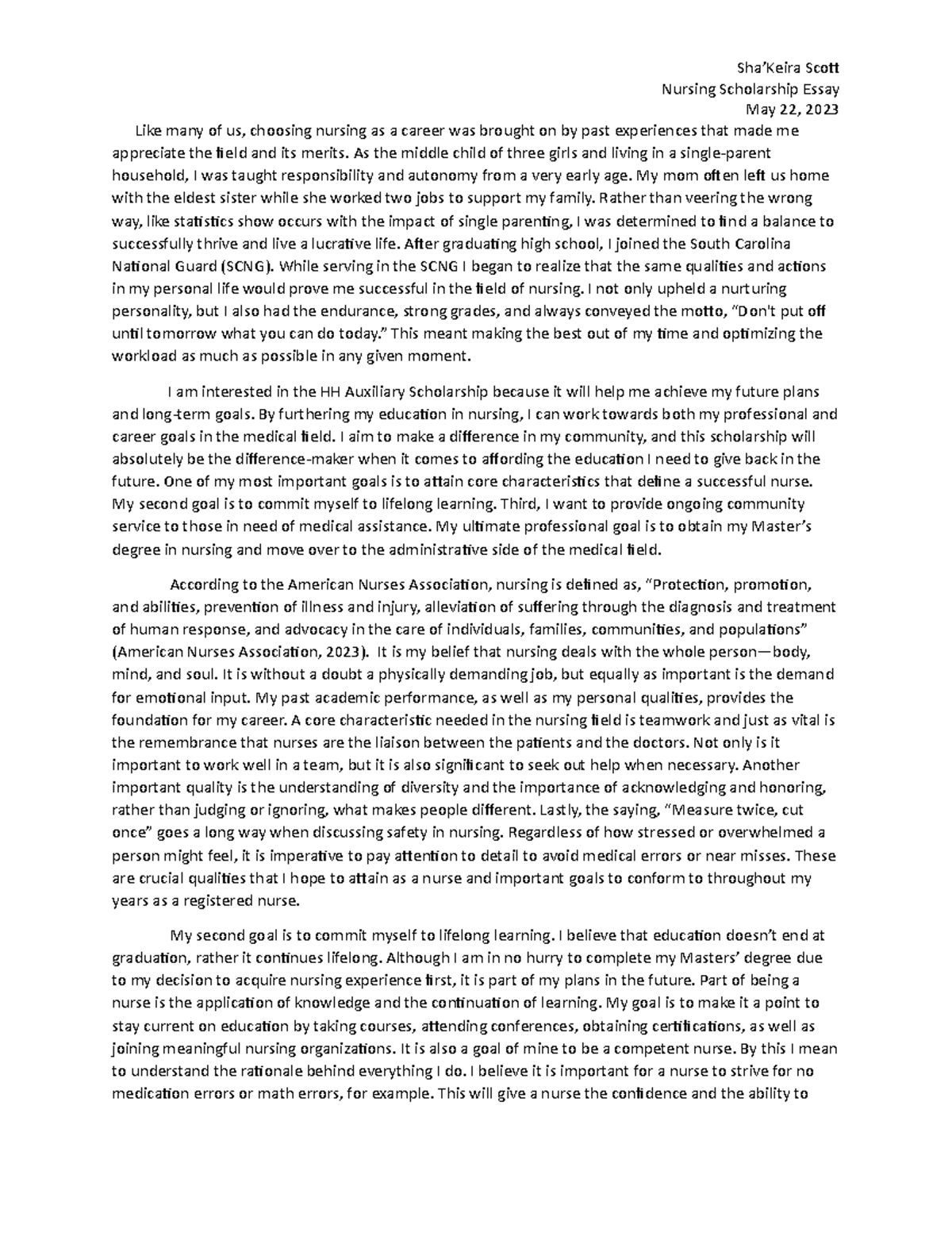 Nursing Essay - Sha’Keira Scot Nursing Scholarship Essay May 22, 2023 ...