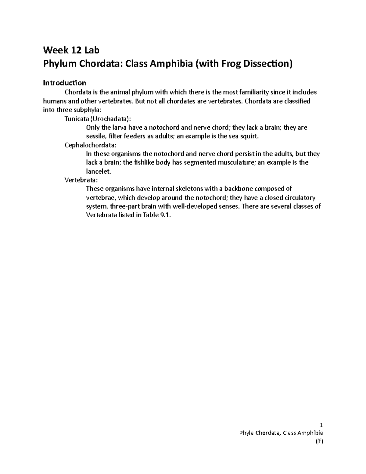 Week 12 Phylum Chordata Amphibia Frog Dissection lab manual - Week 12 ...