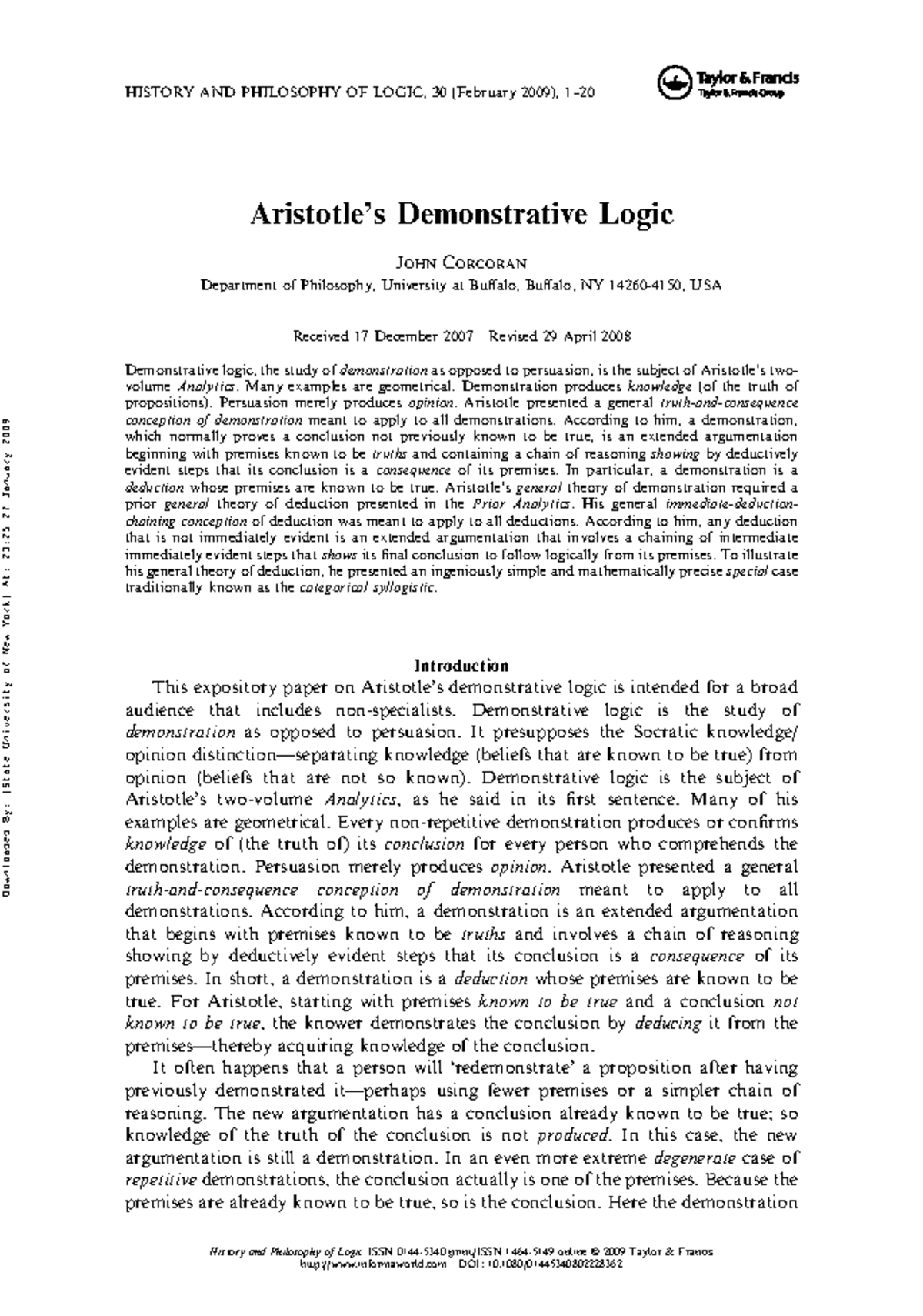 Aristotles Demonstrative Logic 200S Aristotle’s Demonstrative Logic