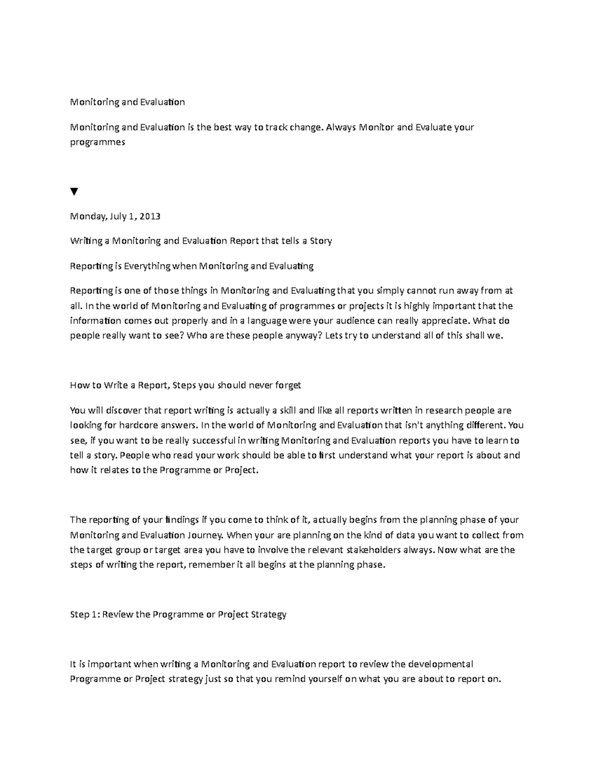 Steps IN Writing A M&E Report - Monitoring and Evaluation Monitoring ...