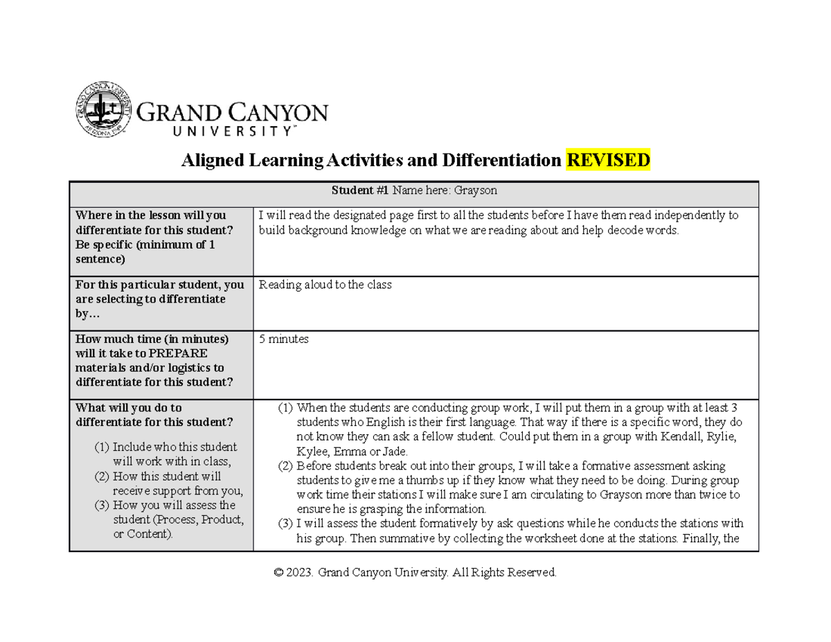 ELM210 Aligned Activities and Differentiation Aligned Learning