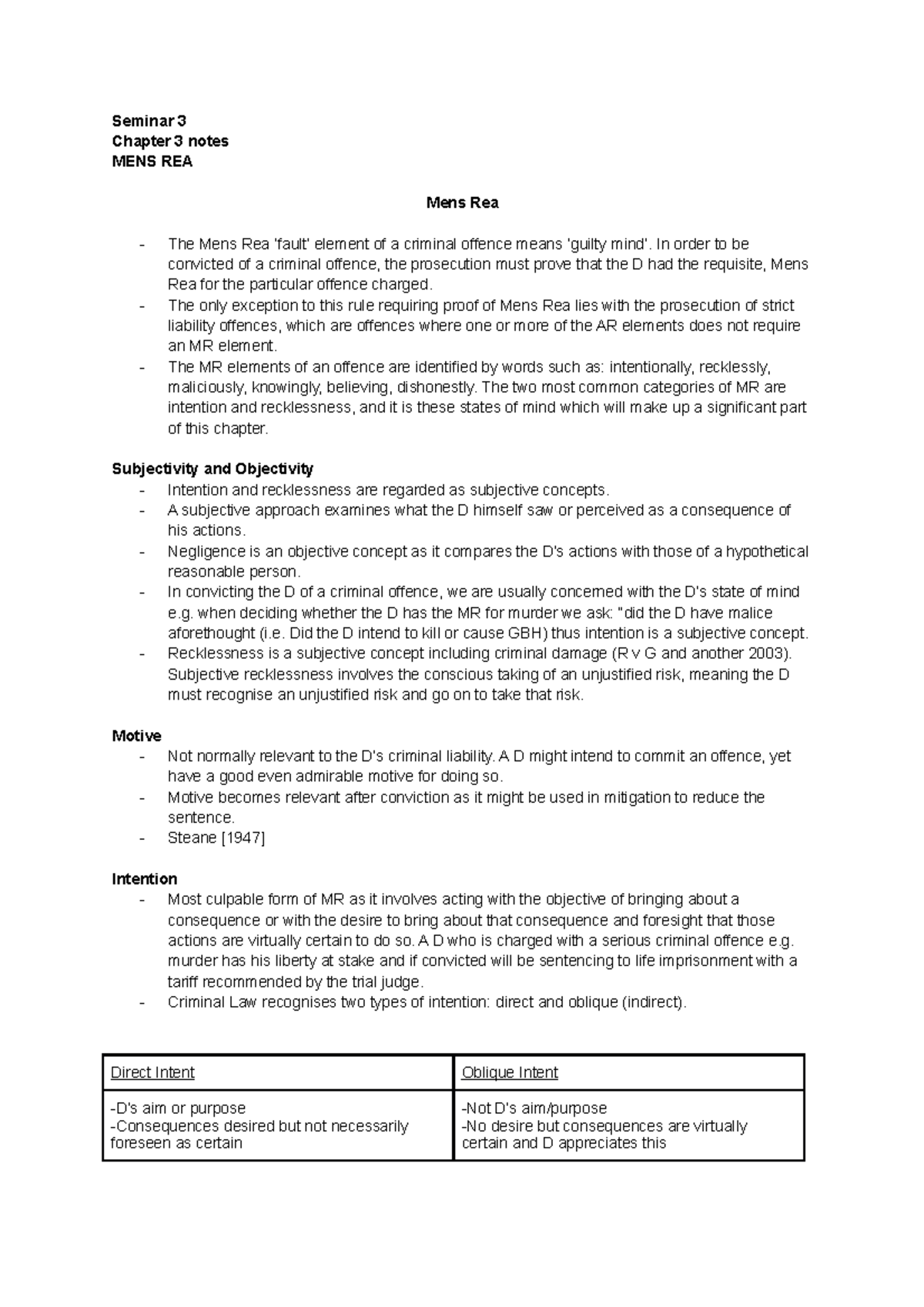 forensic law practice- mens rea - Seminar 3 Chapter 3 notes MENS REA ...