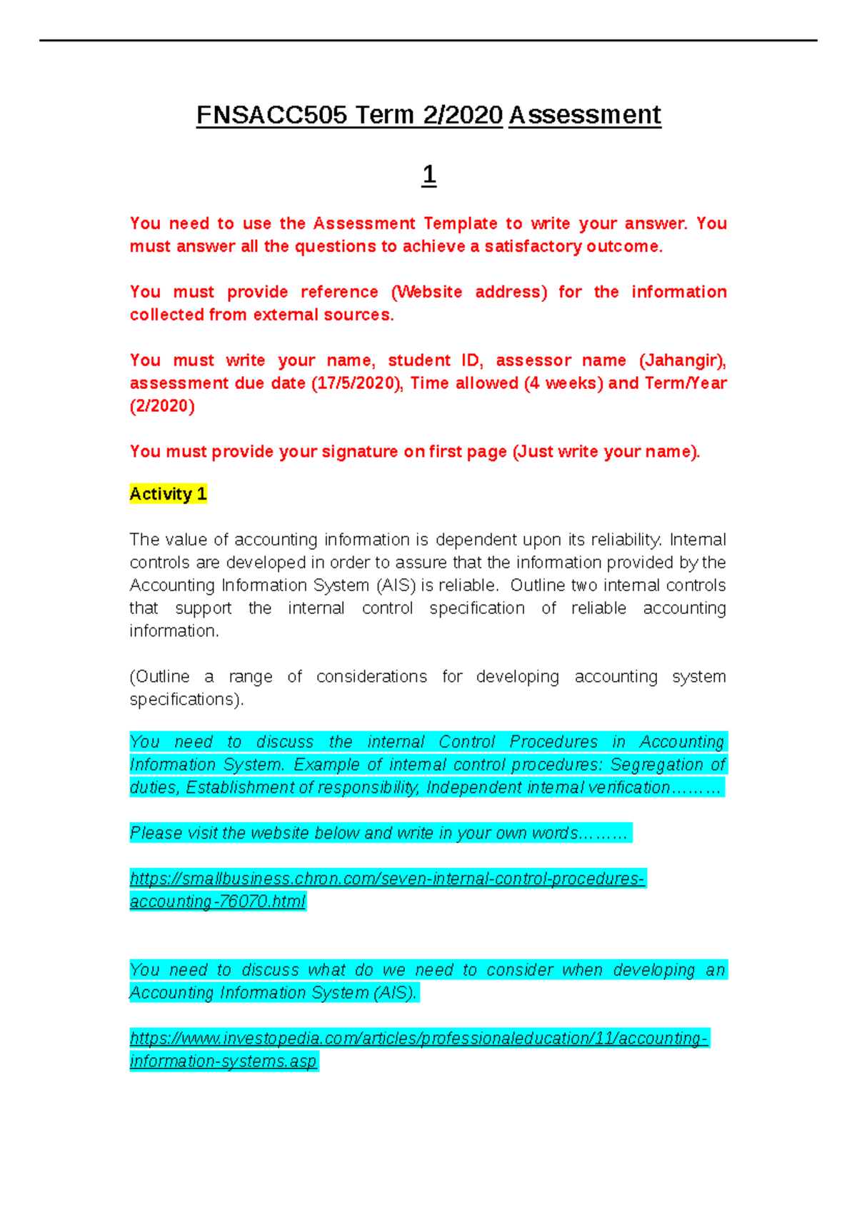 Fnsacc 505 Assessment 1 Student Guideline Fnsacc505 Term 2 2020