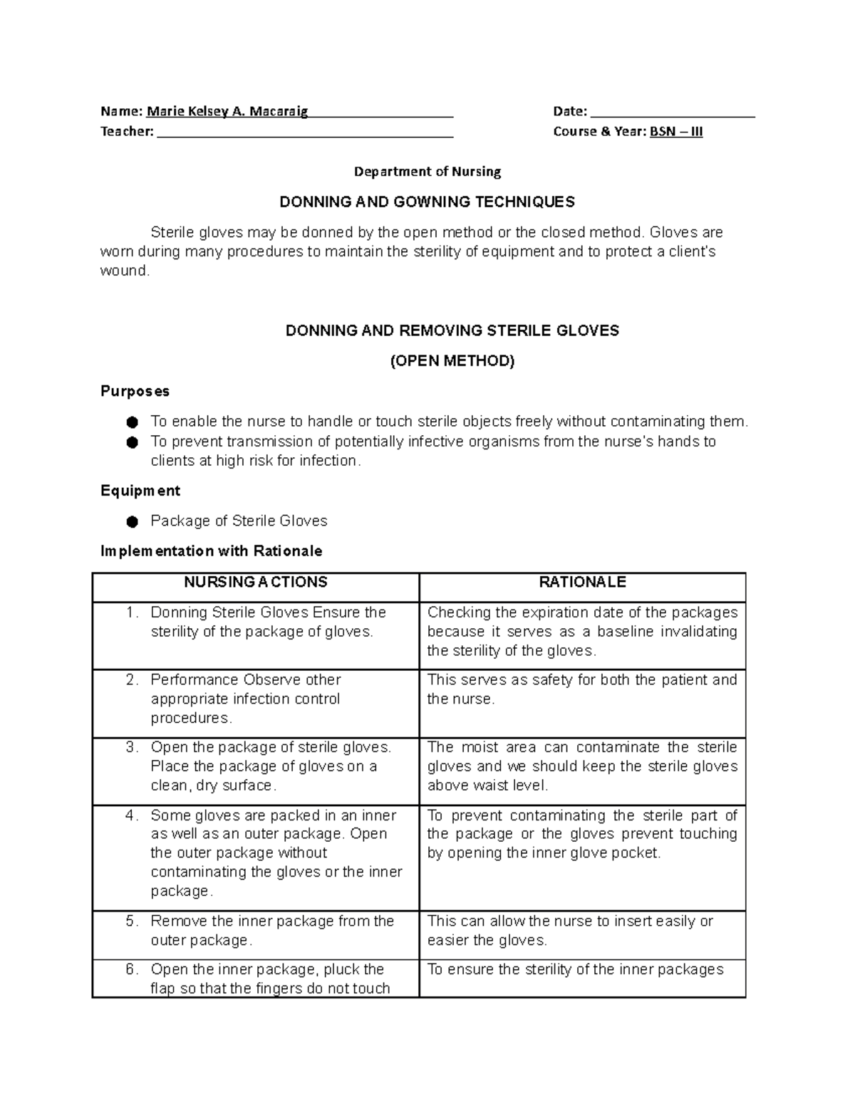 Donning AND Removing Sterile Gloves - Rizal - Studocu