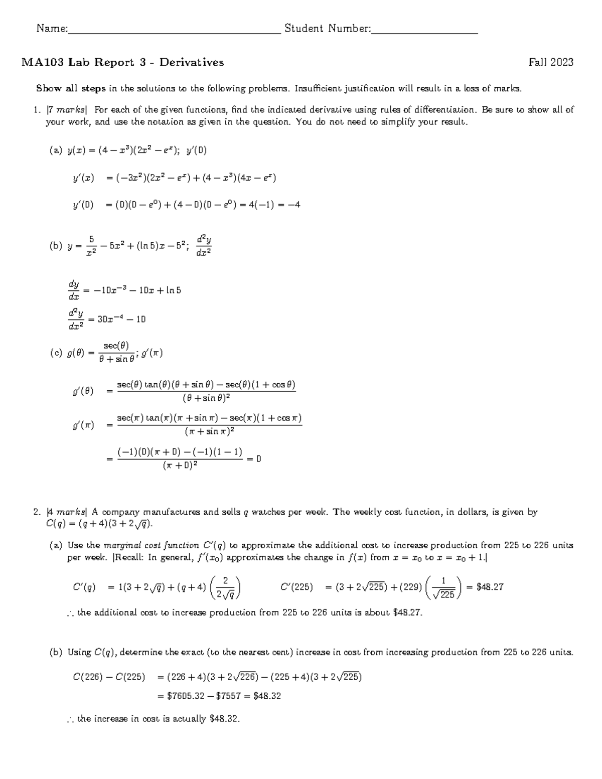 MA103 Lab 3 Solutions - Name: Student Number: MA103 Lab Report 3 ...