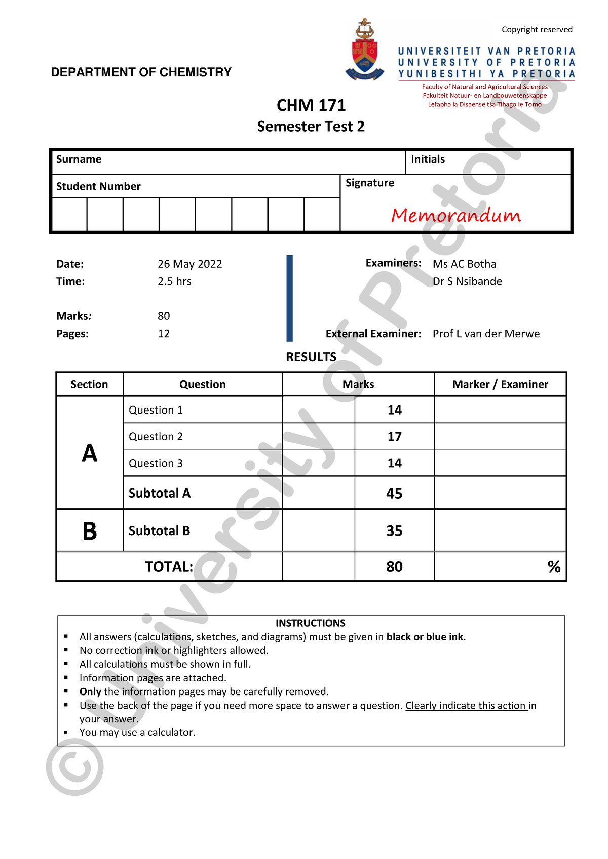 2022 CHM 171 Semester Test 2 MEMO Click UP - ####### DEPARTMENT OF ...