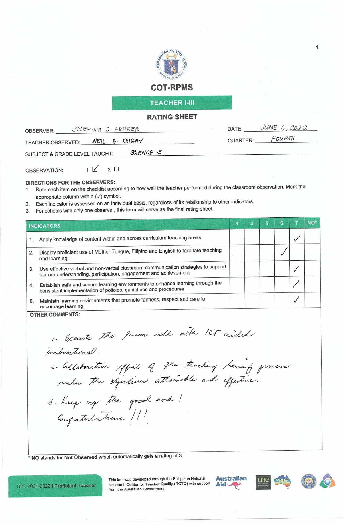 COT - Classroom Observation Tool - Education 9 - Studocu