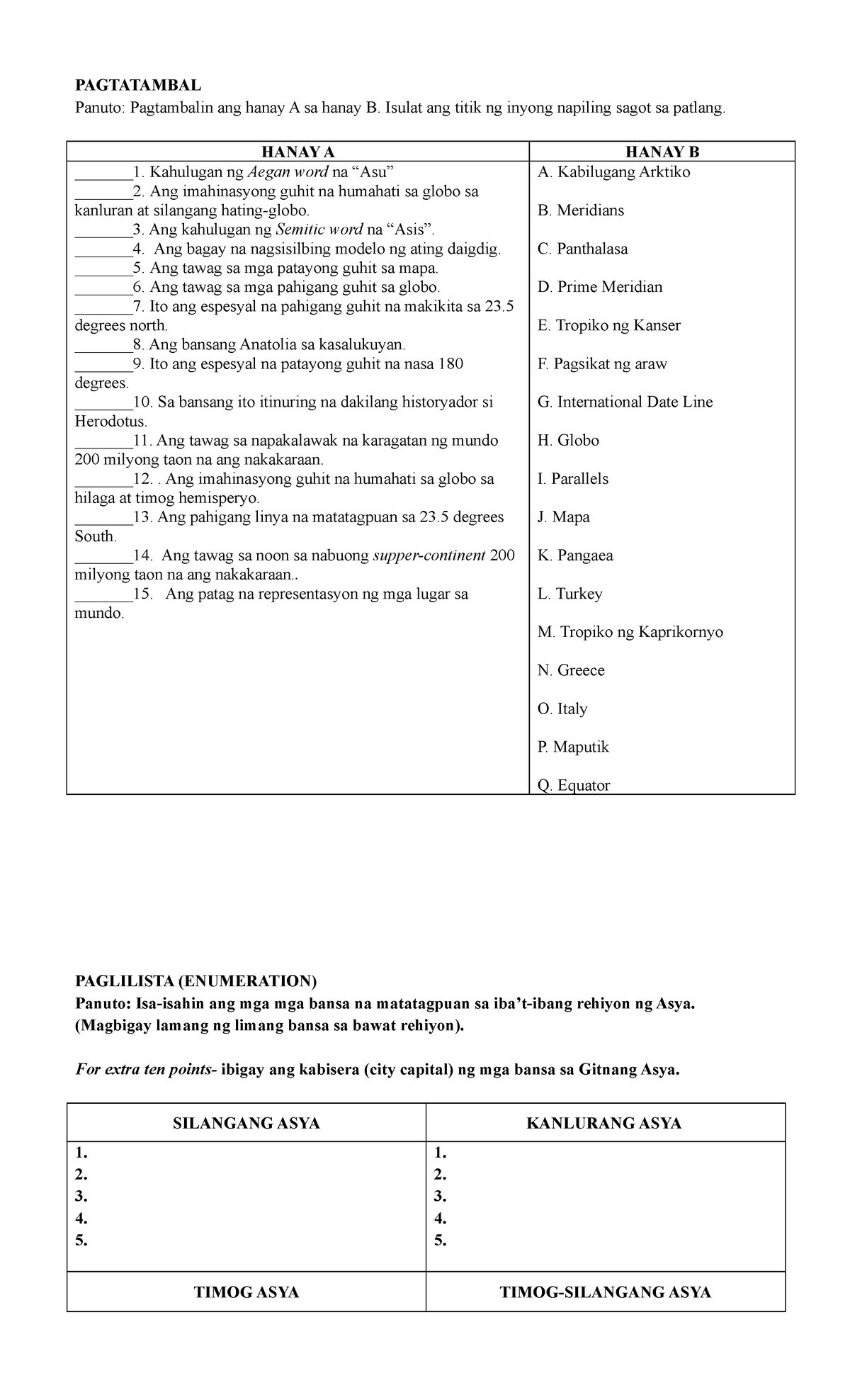 AP 7 - Assessment - PAGTATAMBAL Panuto: Pagtambalin Ang Hanay A Sa ...