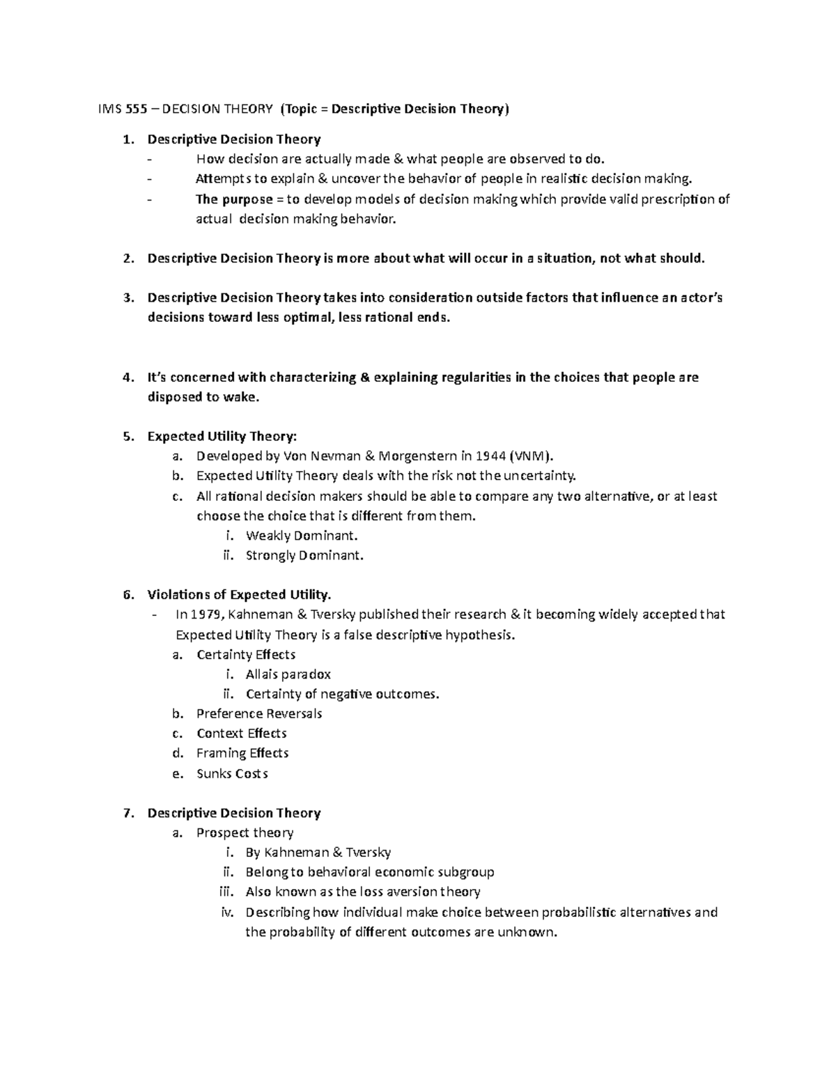 Ass 1 Descriptive Decision Theory - IMS 555 – DECISION THEORY (Topic ...