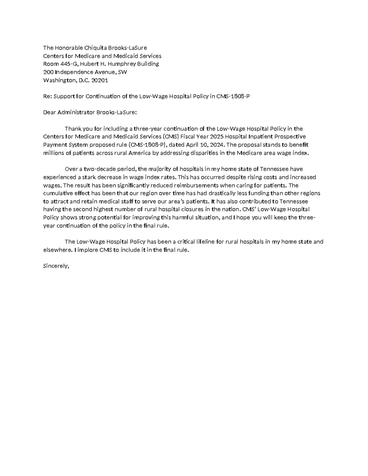 2. Sample Letter To Cms Supporting Tn Hospitals Fy25 - The Honorable 