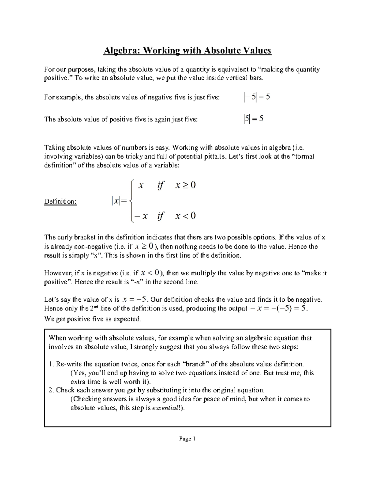 Algebra - absolute values - When working with absolute values, for ... image.