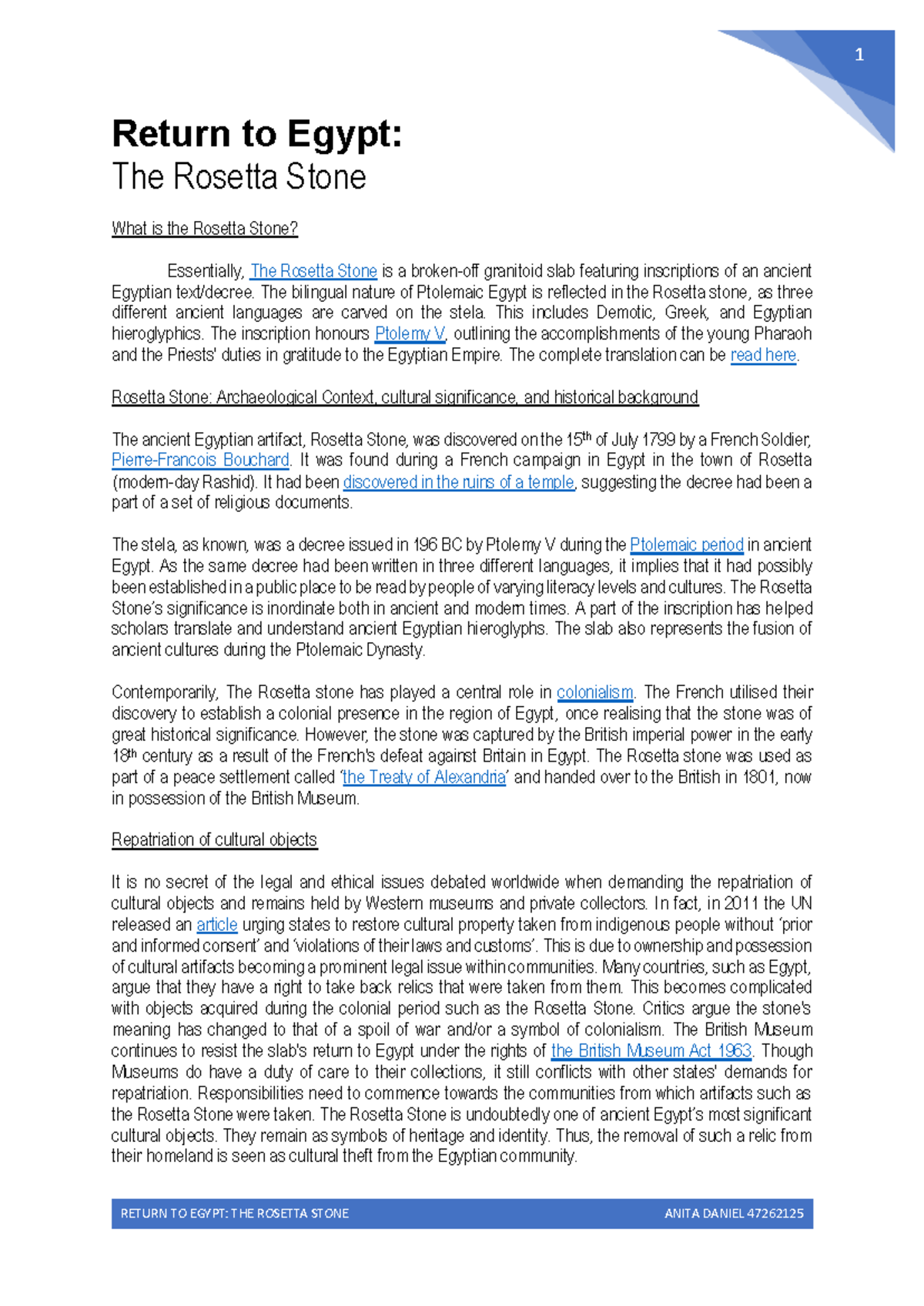 AHIS1250 assessment task - RETURN TO EGYPT: THE ROSETTA STONE ANITA ...