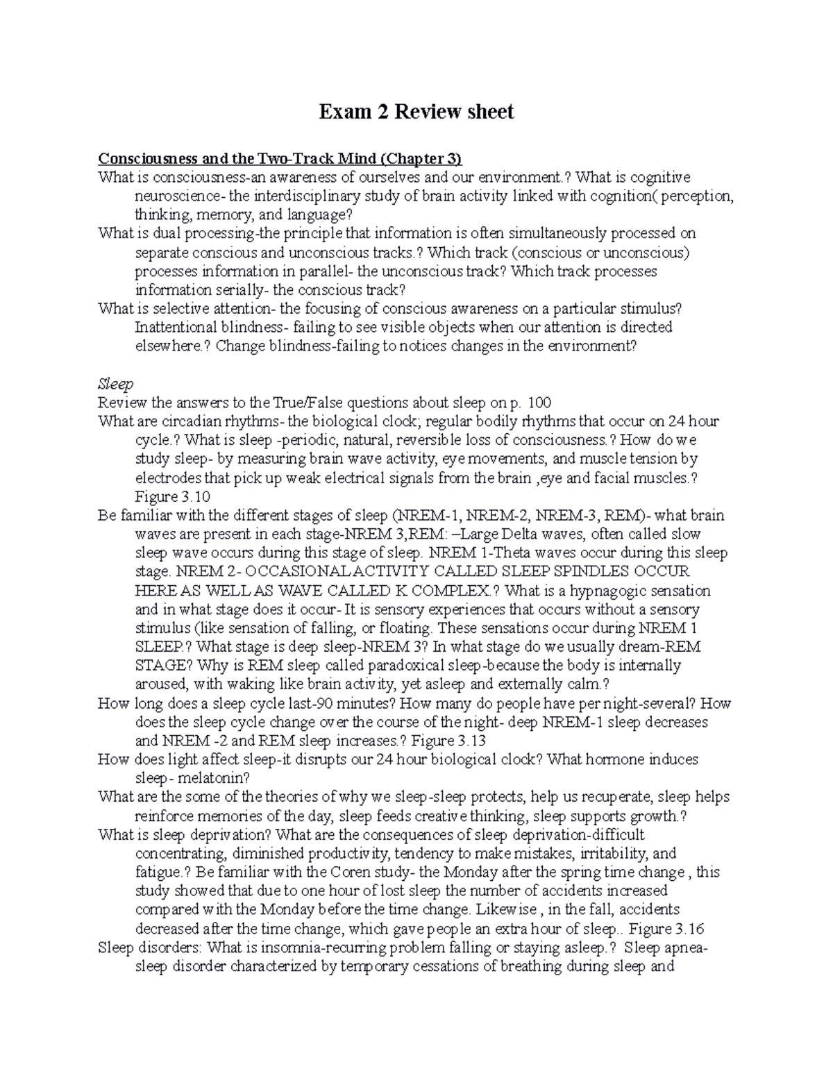 PSY201 - Assignment - Exam 2 Review sheet Consciousness and the Two ...
