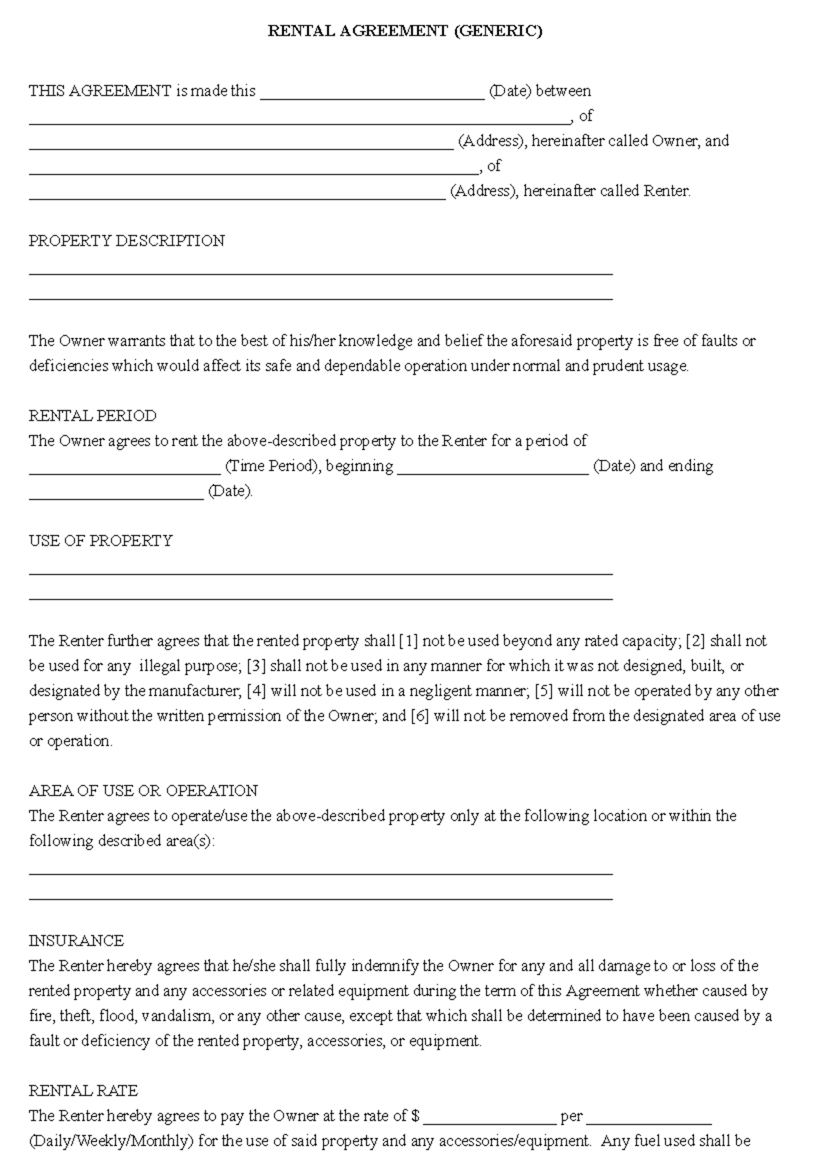 Rental Agreement (Generic) - RENTAL AGREEMENT (GENERIC) THIS AGREEMENT ...