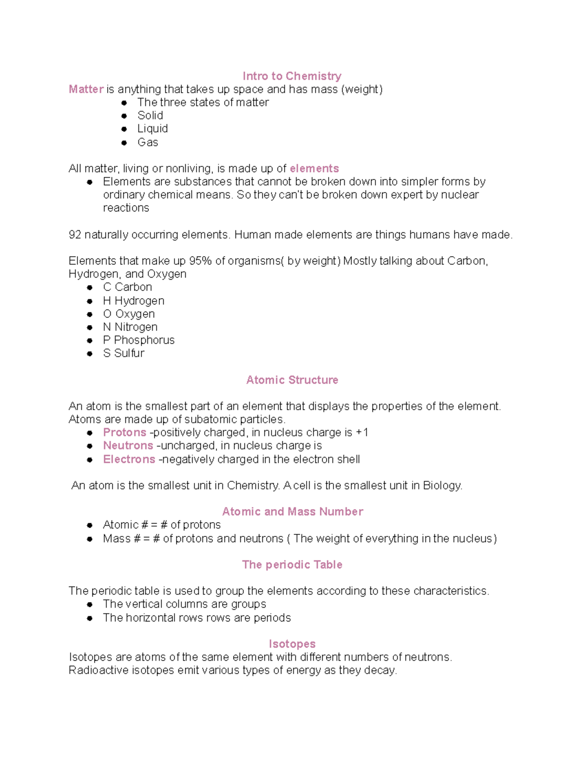 Bio Chapter 2 - Bio - Intro To Chemistry Matter Is Anything That Takes ...